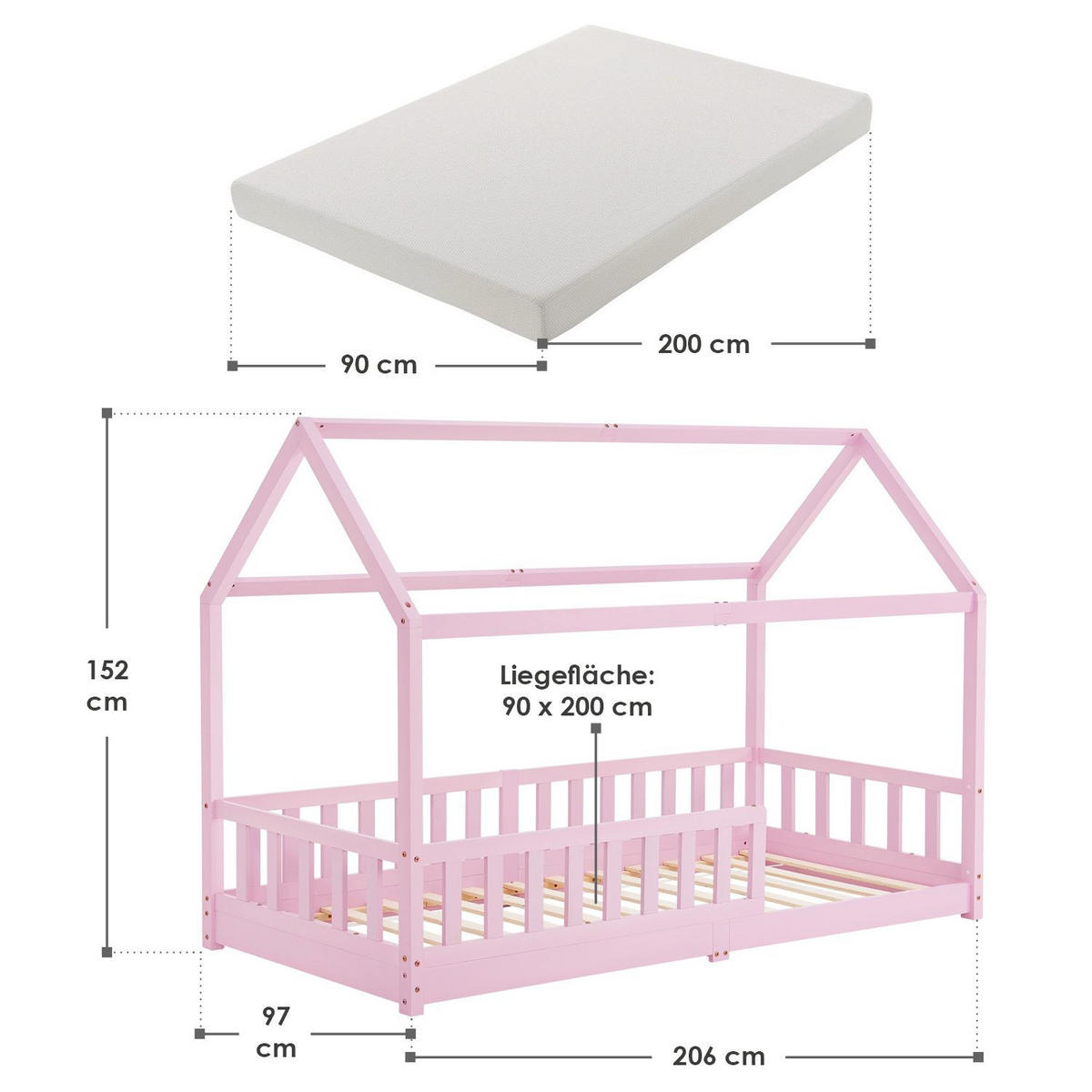 KINDERBETT Marli mit Matratze rosa 90x200 cm - Rosa, Holz (90/200cm) - Juskys