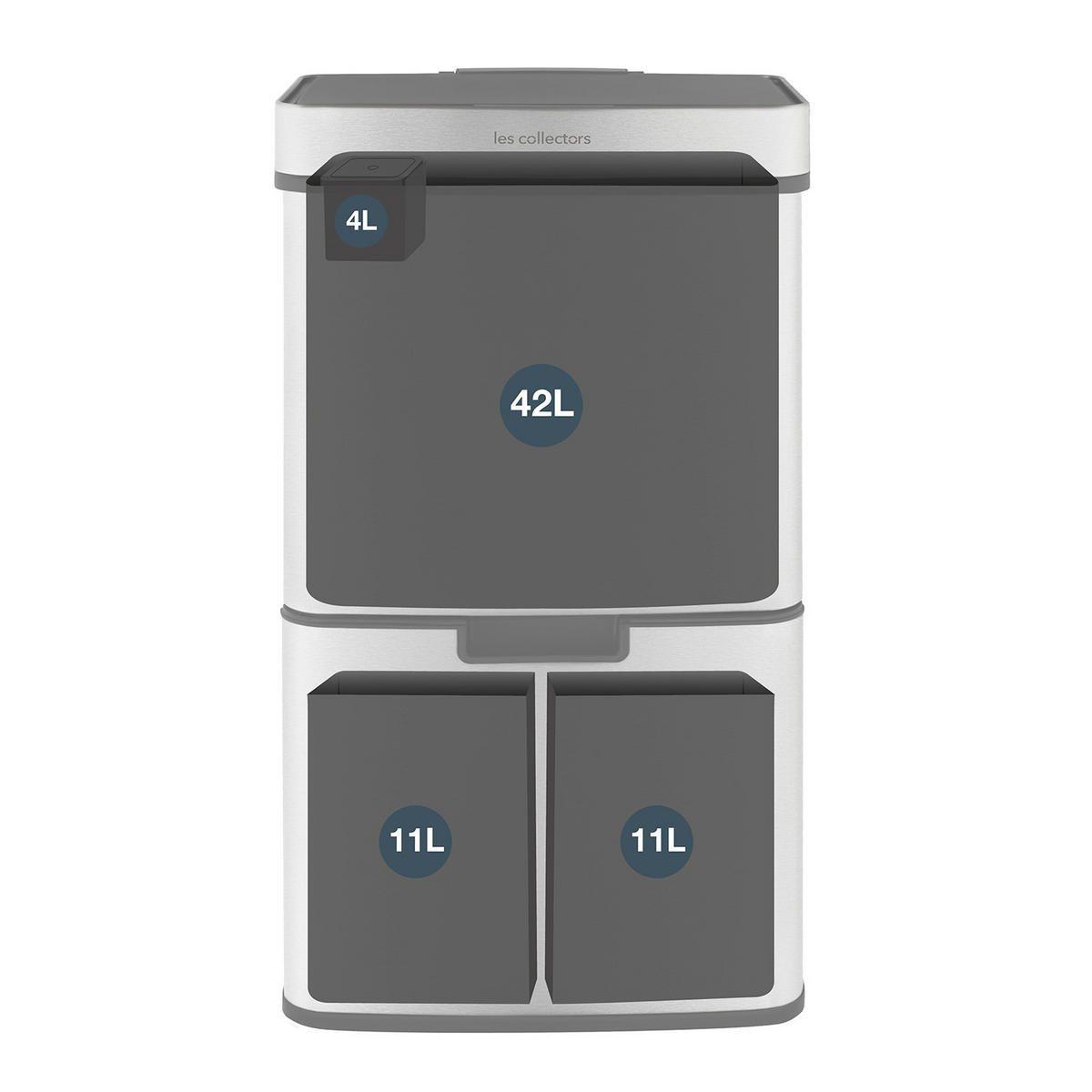 RECYCLINGMÜLLEIMER 64L, 2 x 11L 1 x 42L Behälter inox edition N°1010 - Silberfarben, Metall (42/79/31cm) - Les Collectors