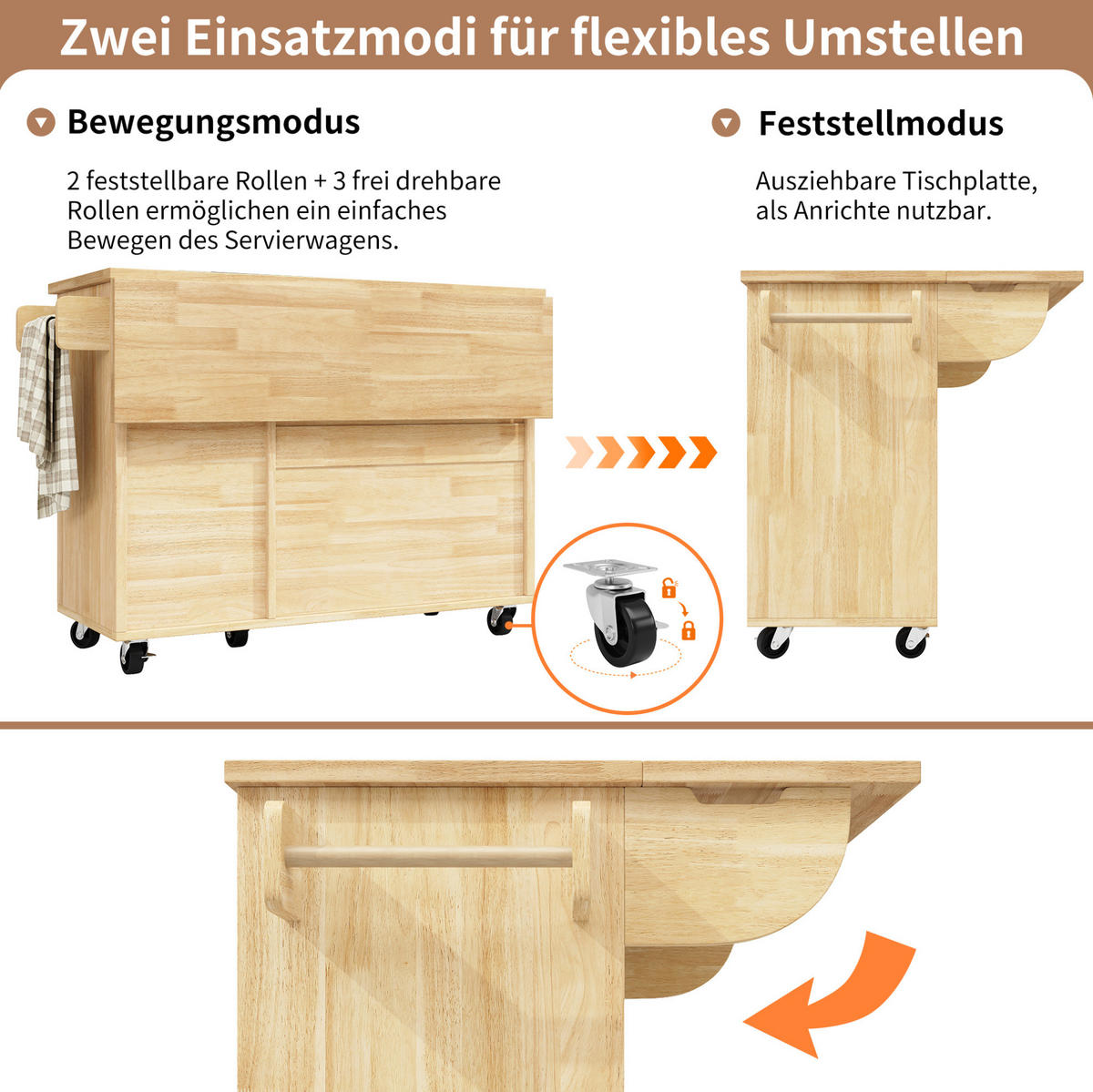 KÜCHENINSEL 120/45-75/92 cm natur mit klappbarer Tischplatte und Rollen - Naturfarben, Holzwerkstoff (120/92/45cm) - OKWISH