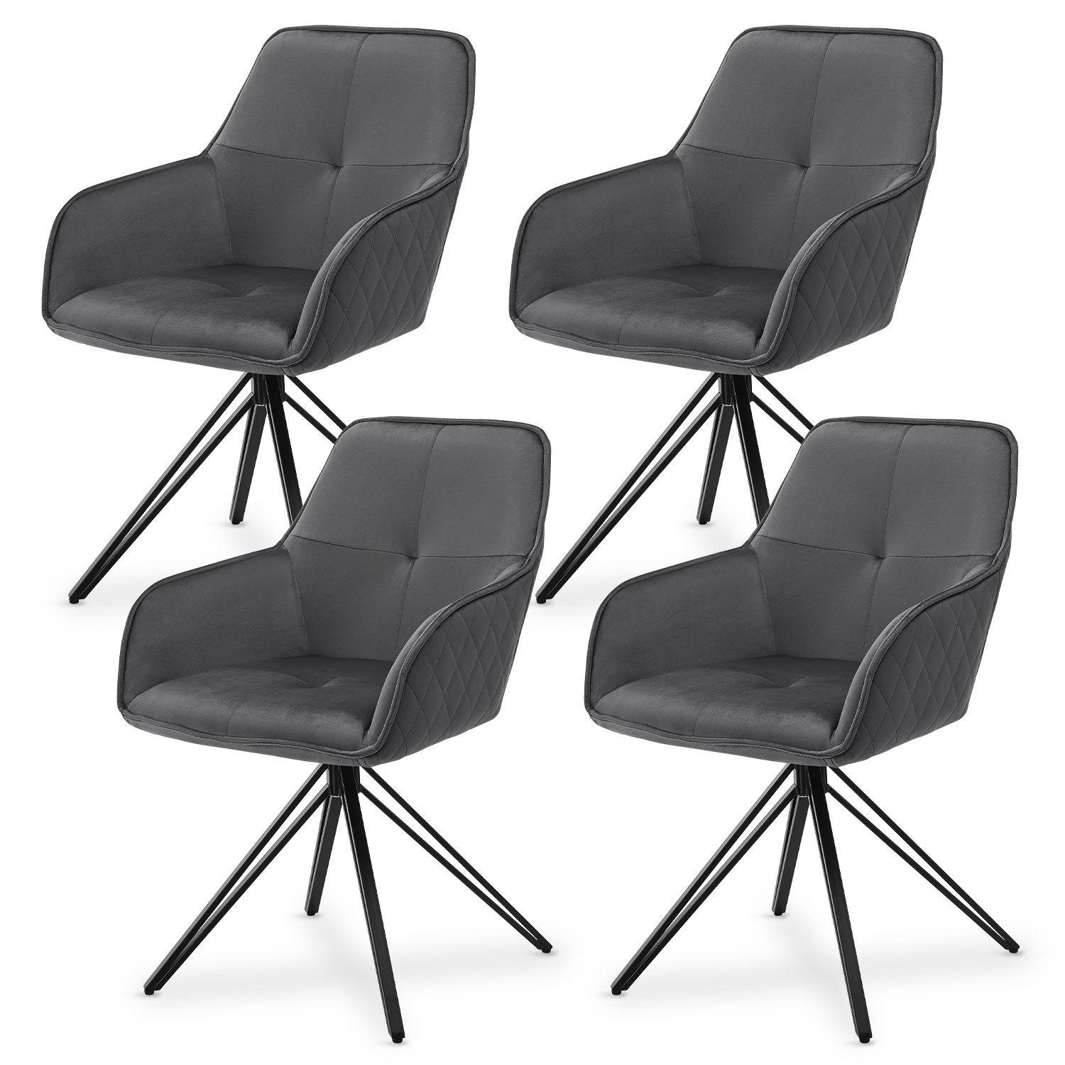 DREHSTUHL Clyde Samt dunkelgrau mit Armlehne (4er-Set) - Dunkelgrau, Textil (57/85/61cm) - Juskys