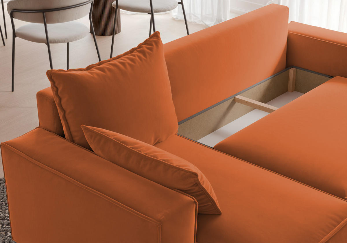 ECKSOFA Tobi mit Bettkasten und Schlaffunktion, L-Form, Velourstoff, Universal - Rostfarben, Holzwerkstoff (246/145cm) - 4ALL HOME