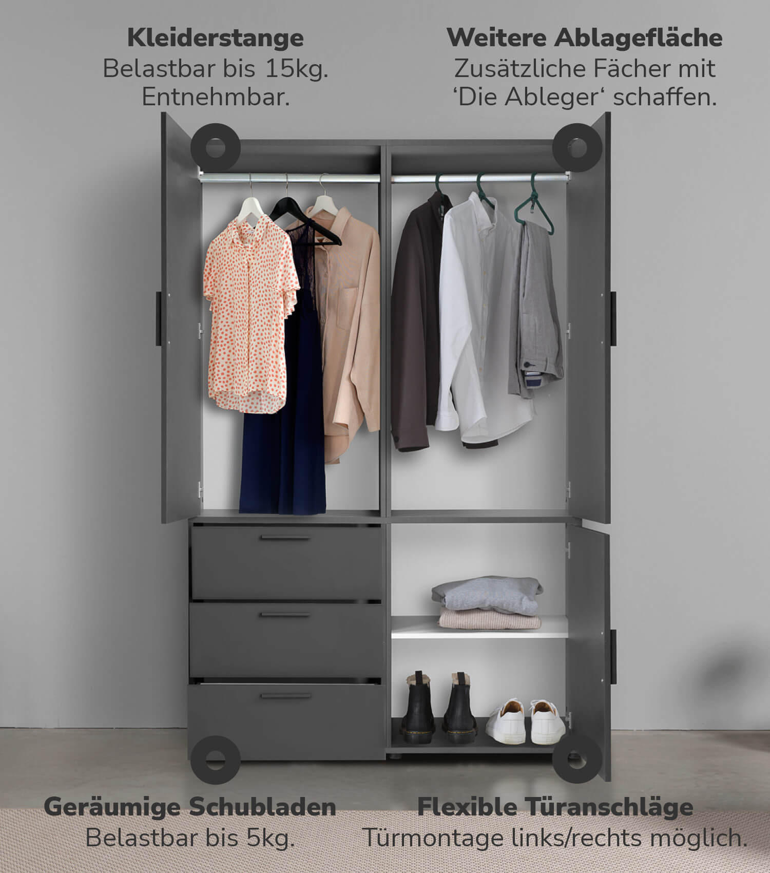 KLEIDERSCHRANK Der Grenzenlose - Anthrazit, Holzwerkstoff (120/187/58cm) - Mokebo
