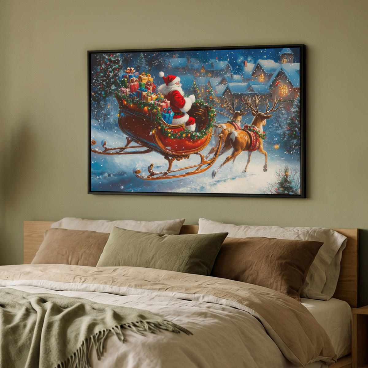 LEINWAND Bilder mit Rahmen - Weihnachtsmann - Rentier - Weihnachten - Schnee - 90x60 - Cognac, Textil (90/60cm) - MuchoWow
