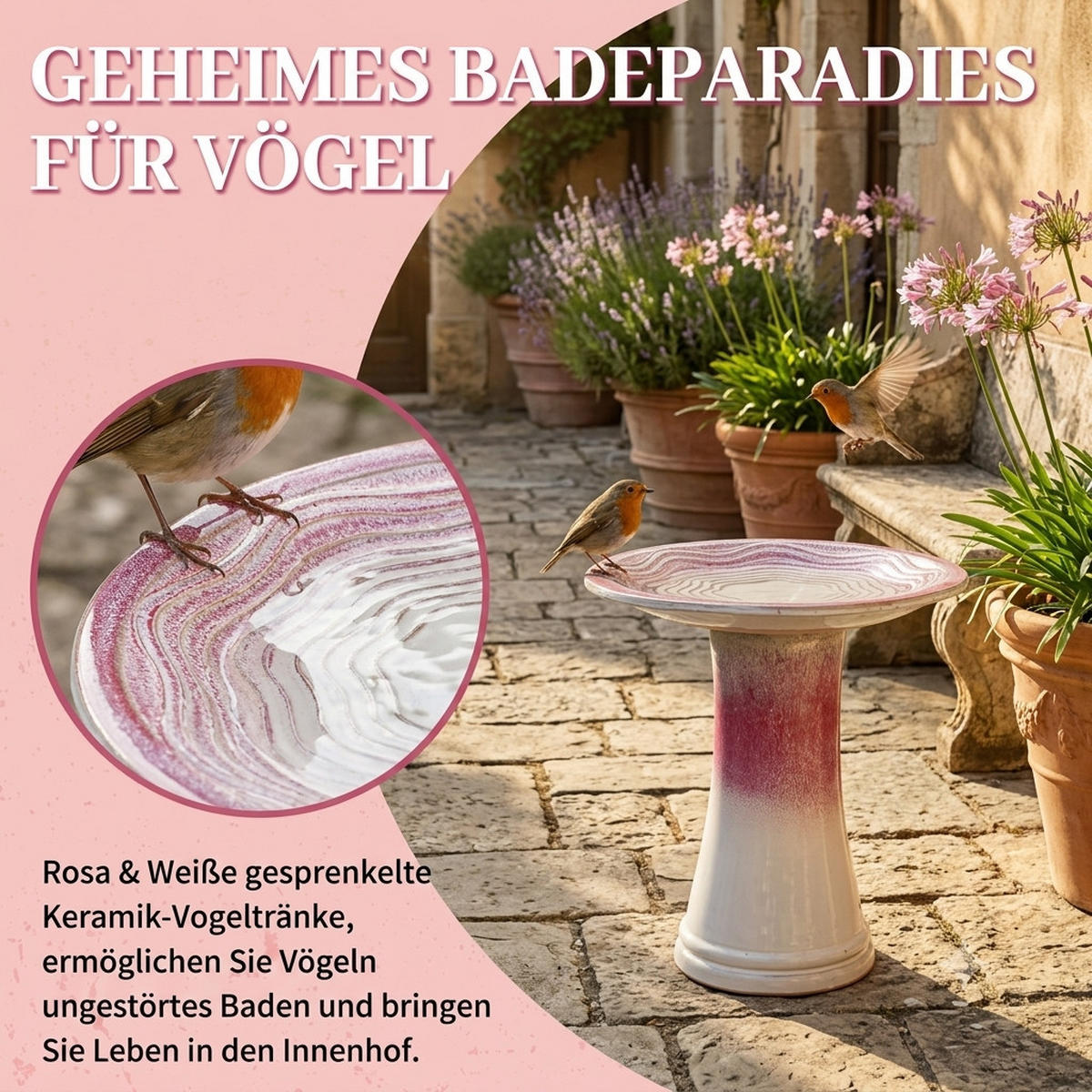 VOGELBAD mit Standfuß, Keramik Ø43/45H cm, Wetterfest, Rosa-Weiß - Pink, Keramik (43/45/43cm) - LVHOM