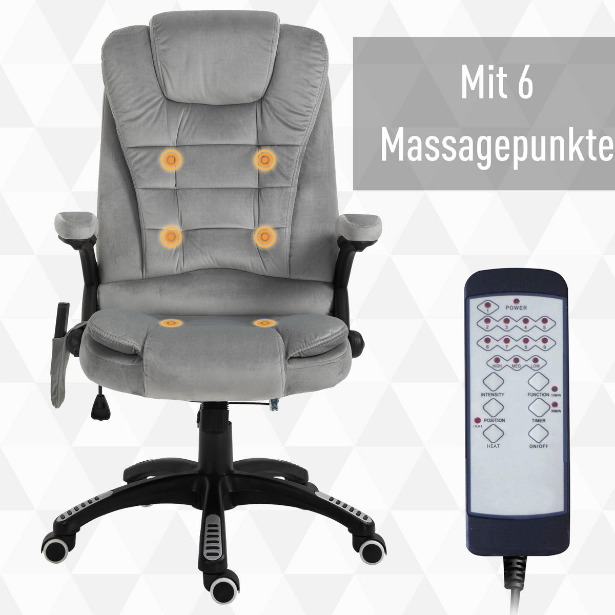 DREHSTUHL DE-06387 Mit Massagefunktion, 6 Massagepunkte, Heizfunktion, 130° neigbar Grau - Grau, Textil/Metall (74/120/67cm) - ComfortXL