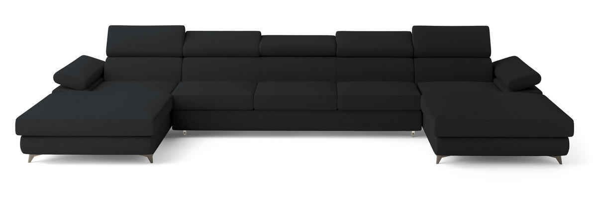 WOHNLANDSCHAFT VIVENTE Schwarz Boucle-Stoff mit Schlaffunktion - Schwarz, Holz (410/89/190cm) - MASSENO