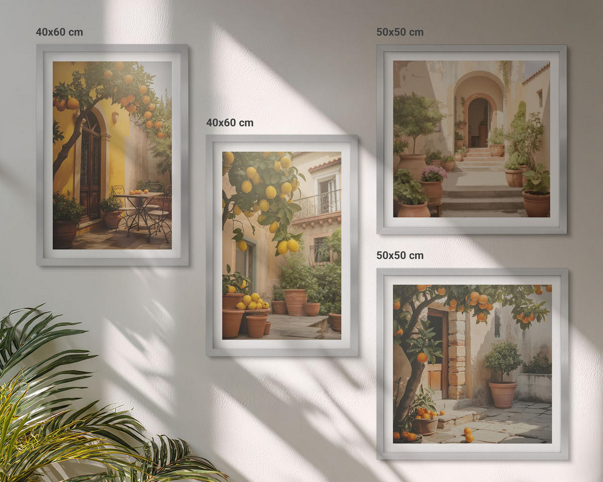WANDBILDER 4er Set - 50x50 cm & 40x60 cm Silberner Rahmen - Terrasse mit Zitrusbäumen - Silberfarben, Kunststoff (50/50cm) - ArtPrintCave