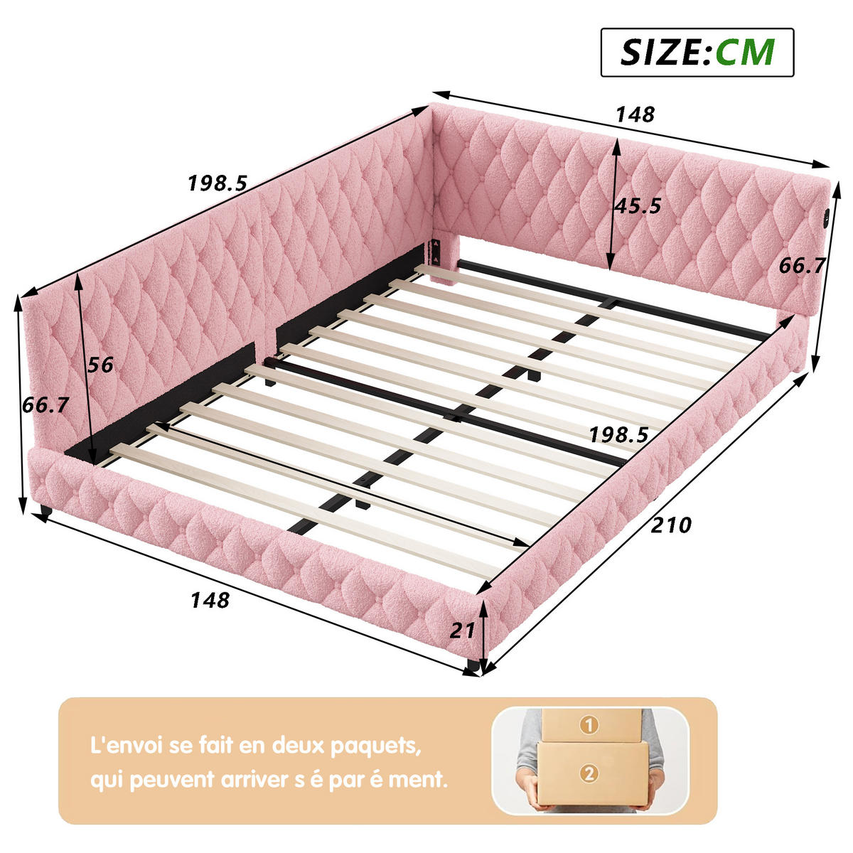 TAGESBETT Polsterbett 140x200 cm, Rosa, LED-Beleuchtung und USB-Anschluss - Rosa, Textil/Metall (140/200cm)