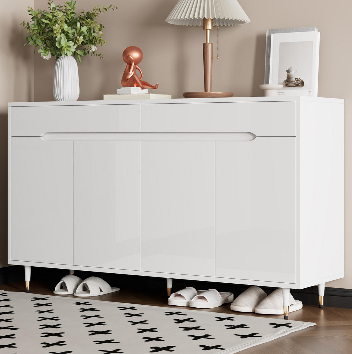 SCHUHSCHRANK 140/39/84 cm aus Spanplatte mit 2 Türen, 2 Schubladen und verstellbaren Einlegeböden, Weiß/Gold - Weiß, Holzwerkstoff (140/84/39cm) - Redom