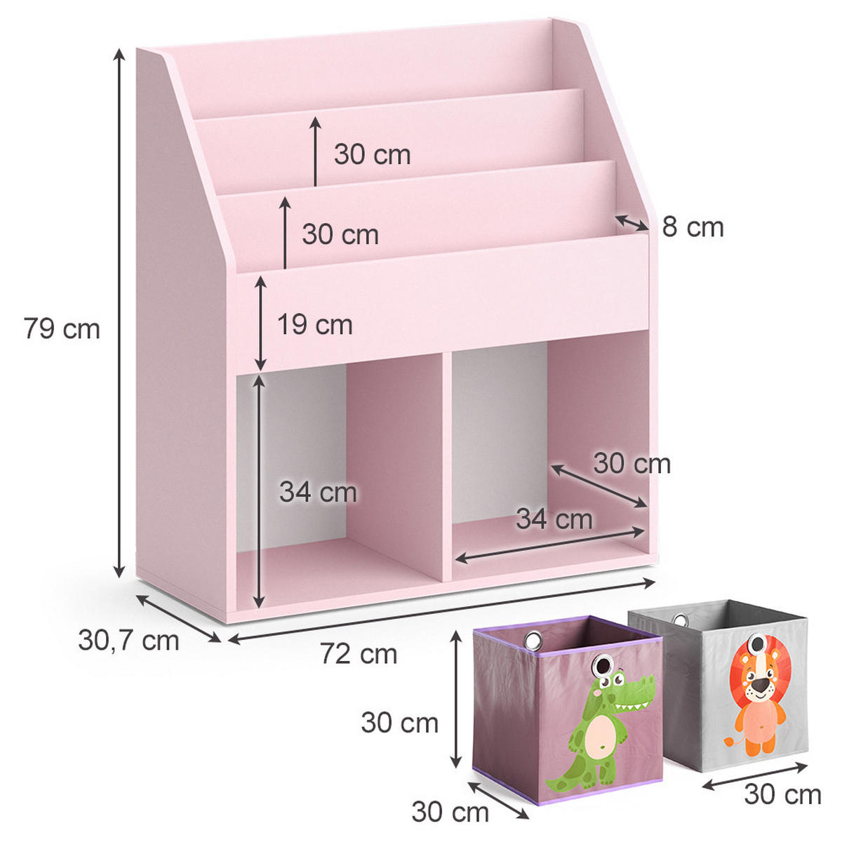 KINDERREGAL Luigi Rosa 72 x 79 cm mit 2 Faltboxen (Löwe, Krokodil) - Pink, Holzwerkstoff (72/79/30.7cm) - Vicco