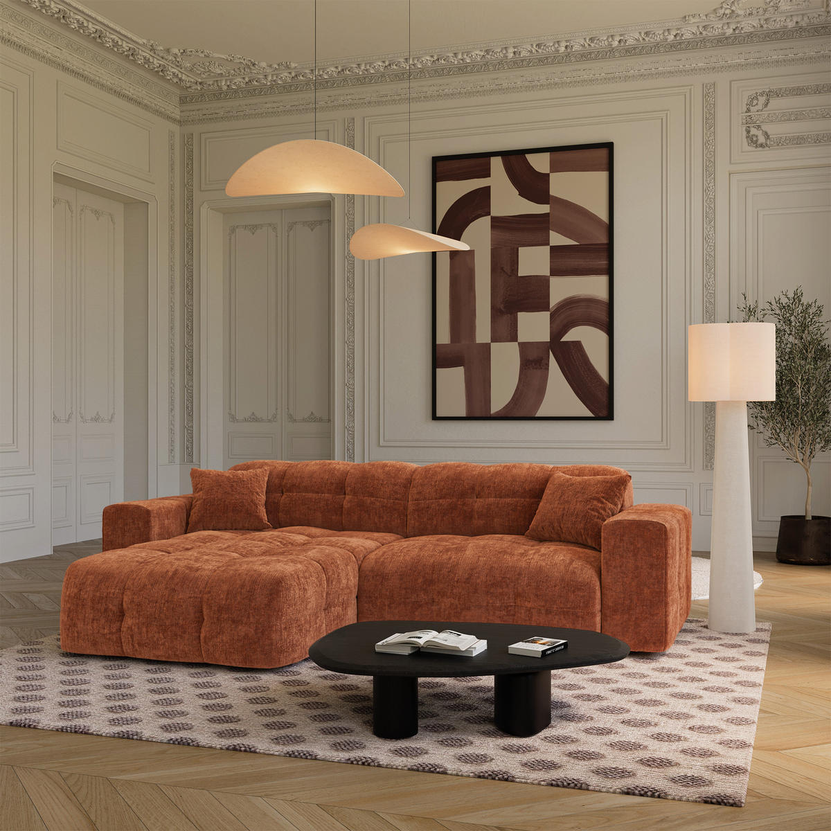 ECKSOFA (links) COCOON Geprägter Samt Terrakotta 230cm - Dunkelorange/Terracotta, Textil (230/155cm) - Premium Interiors
