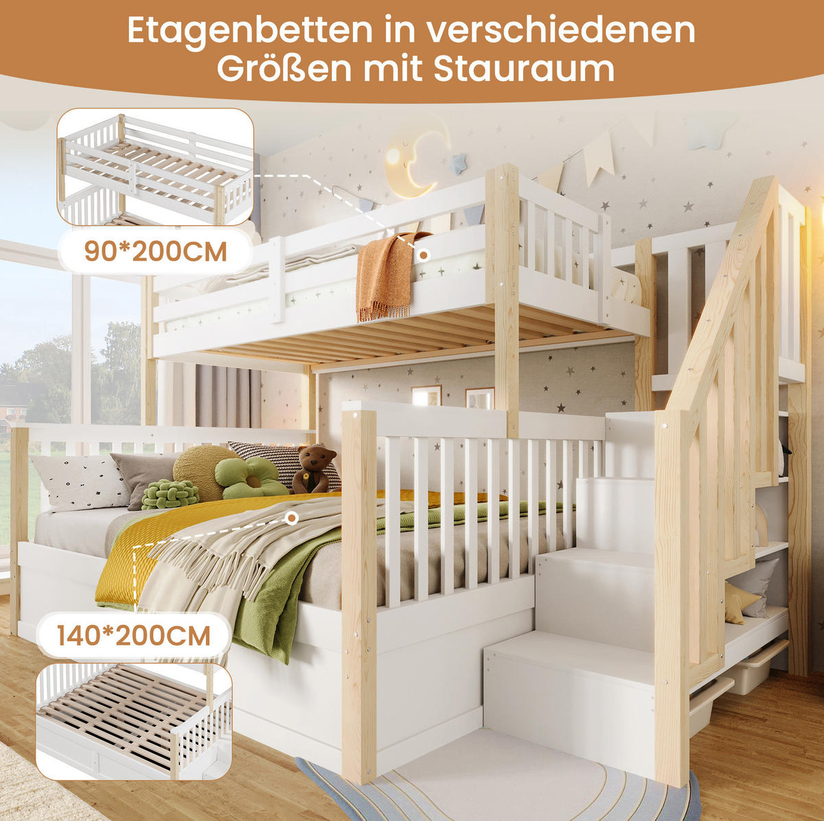 ETAGENBETT 90/200 cm + 140/200 cm mit hydraulischem Stauraum und Ablagetreppe aus Kiefernholz, Weiß/Natur - Weiß, Holz (90/200cm) - Redom