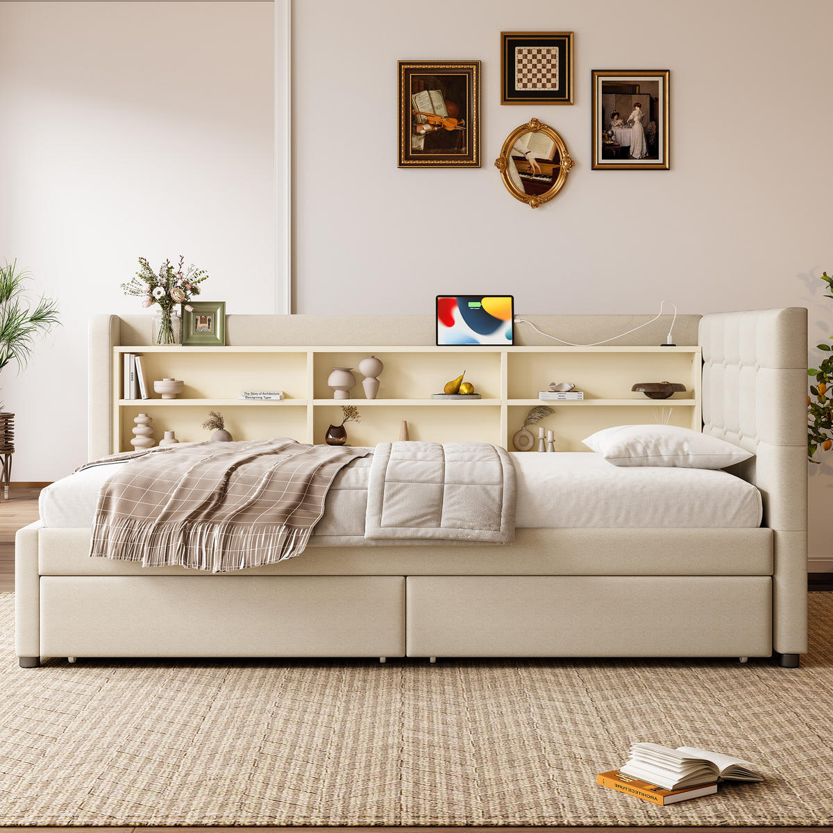 TAGEBETT 90x200cm Beige Leinen 2 Schubladen USB-C Ablagefächer - Beige, Holz (90/200cm) - FLIEKS