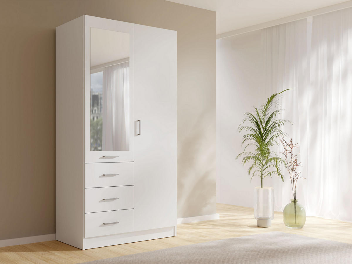 DREHTÜRENSCHRANK NEVARIS 101/200,5/58cm 2-türig mit Spiegel Weiß - Weiß, Holzwerkstoff (101/200.5/58cm) - MASSENO