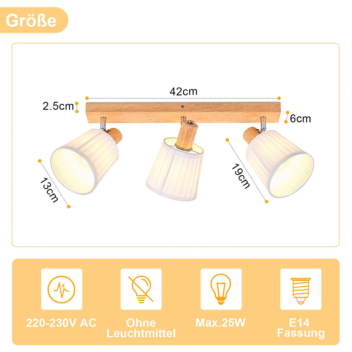 DECKENSTRAHLER Wylveth 42/13/19 cm - Weiß/Braun, Holz/Textil (42/13/19cm) - ZMH