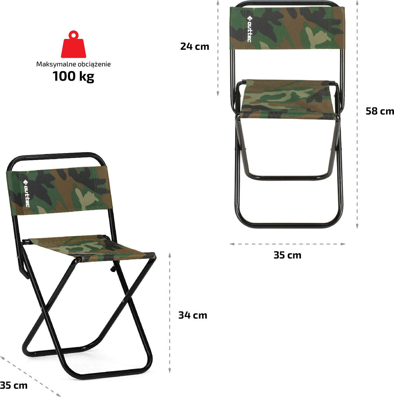 Thumbnail - Outtec Klappstuhl, Braun, Dunkelgrün, Metall, Textil, 1-Sitzer, Quadratisch, 35x58x35 cm, Gartenmöbel, Gartenstühle, Gar...