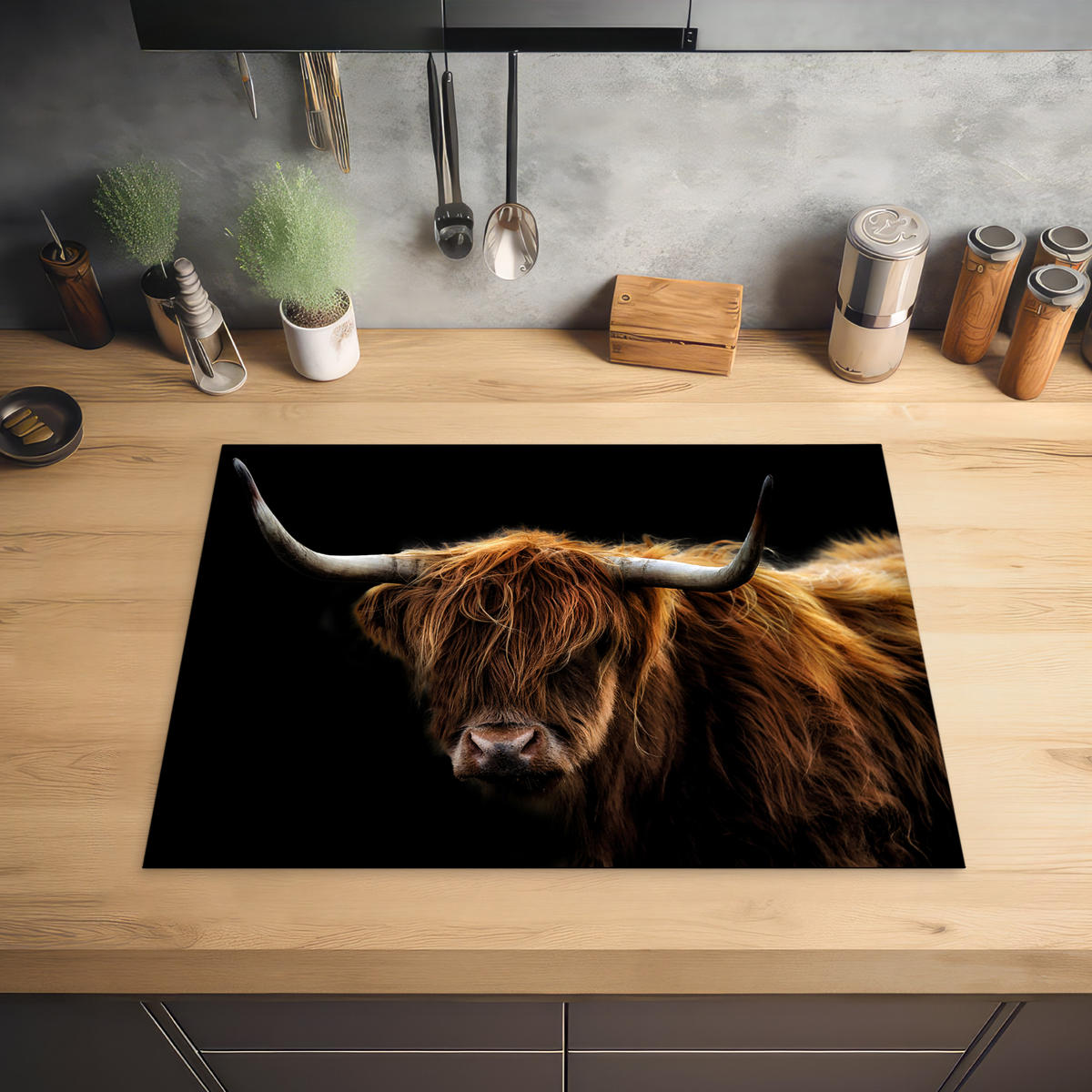HERABDECKPLATTE - Schottischer Highlander - Hörner - Schwarz - Tiere - Natur - Wild - Kuh - 65x50 - Cognac, Kunststoff (65/50/0.2cm) - MuchoWow