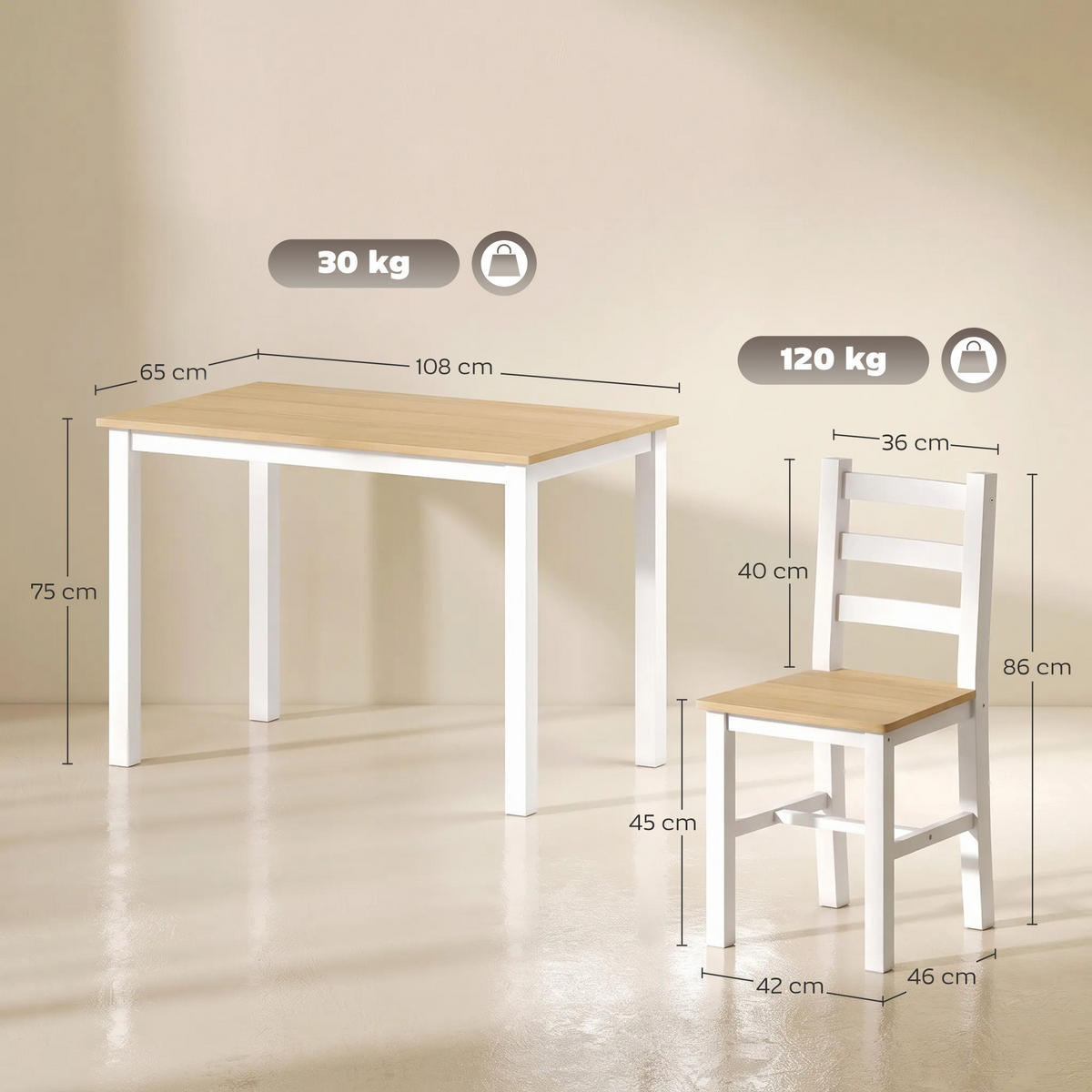 ESSGRUPPE mit 1 Tisch und 4 Stühlen Naturfarben 108.0/65.0/75.0 cm - Naturfarben, Holz (65/75/108cm)