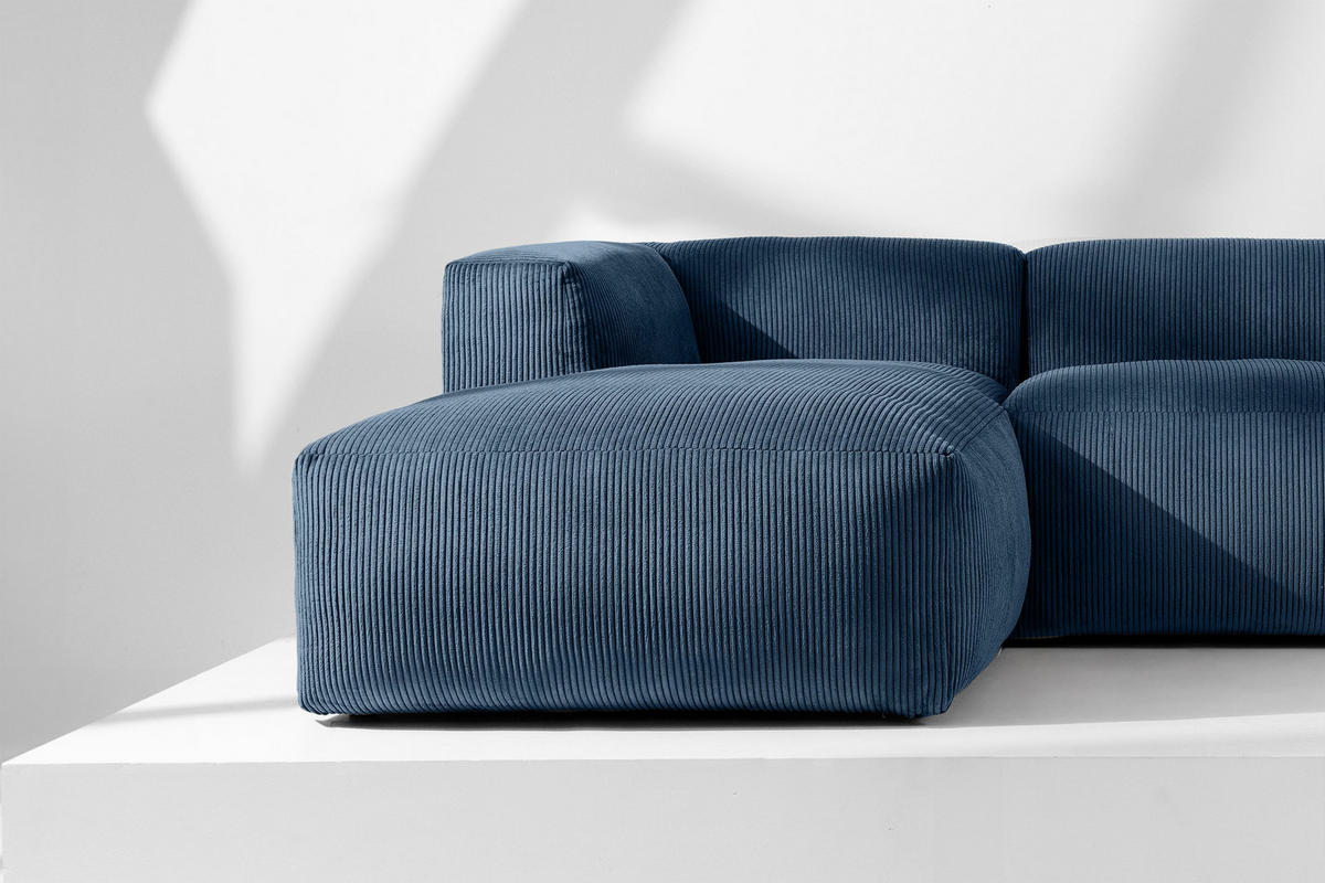 PANORAMA-ECKSOFA BUFFO 7/8 Sitzer mit extrem weicher Sitzfläche, Kordstoff, marineblau - Blau/Grün, Textil (424/73/180cm) - KONSIMO®