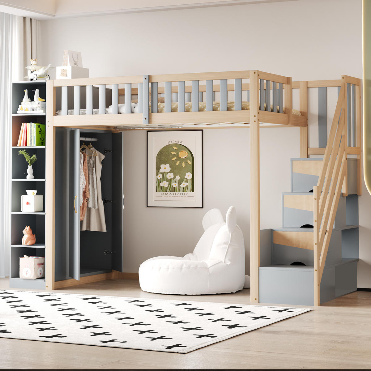HOCHBETT 90/200 cm in Grau & Natur Kinderbett mit Regalen, Kleiderschrank und Schubladen - Naturfarben/Grau, Holz/Holzwerkstoff (90/200cm) - STILVORA