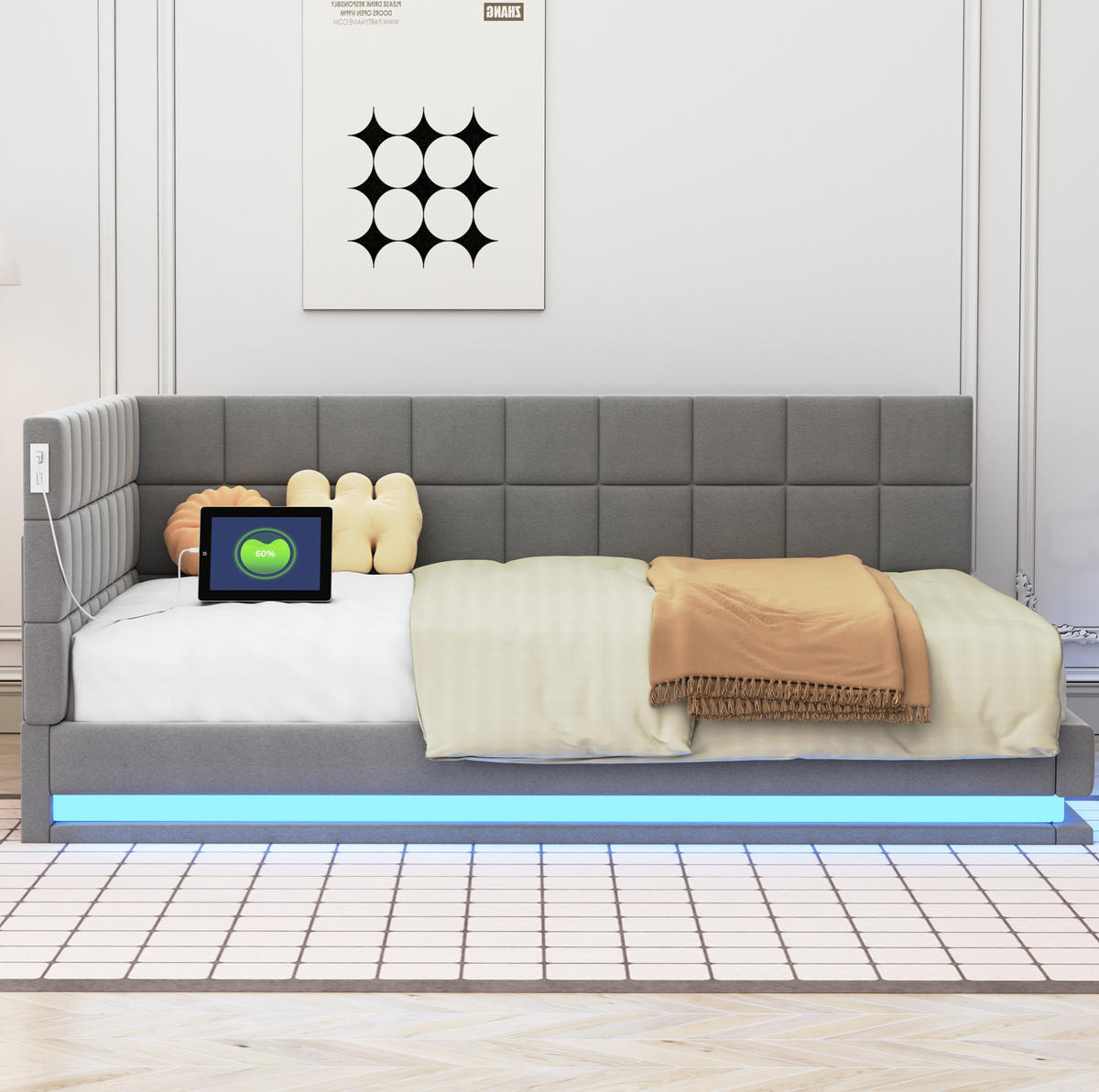 SCHLAFSOFA aus Leinen 140x200 cm Grau mit LED-Beleuchtung, USB-Anschluss und Lattenrost - Grau, Textil (140/200cm) - IVMEU