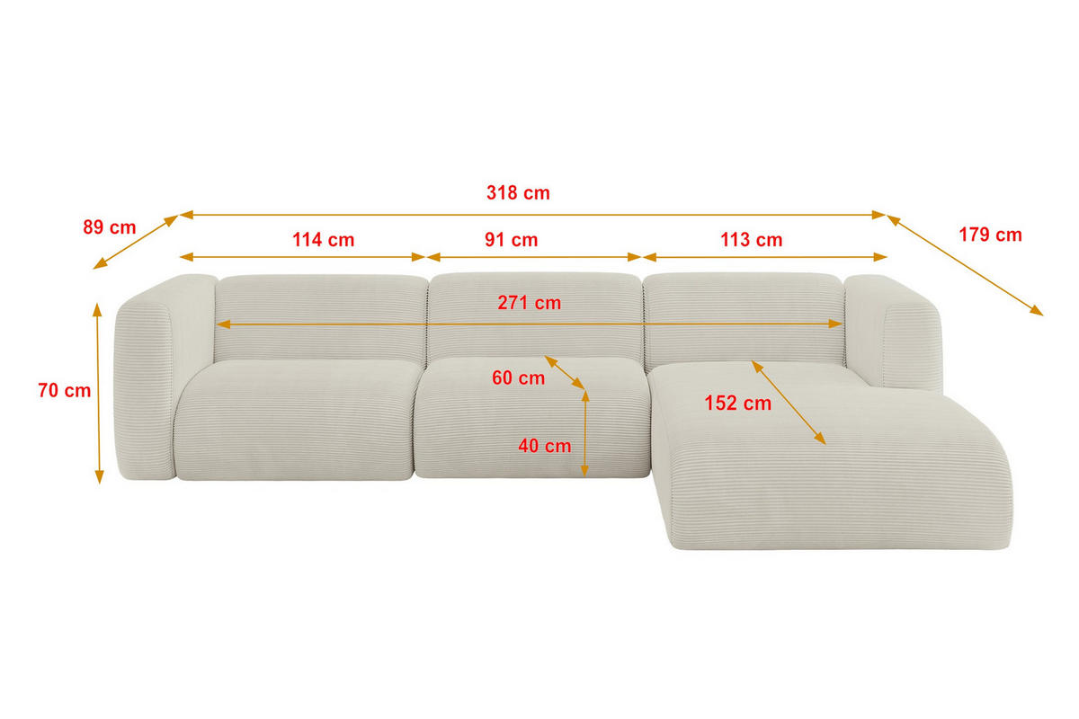 ECKSOFA Ottomane Rechts MIRA-L2 318x179x89 Creme Cord - Ecru/Creme, Holzwerkstoff/Kunststoff (318/179cm) - ALTDECOR