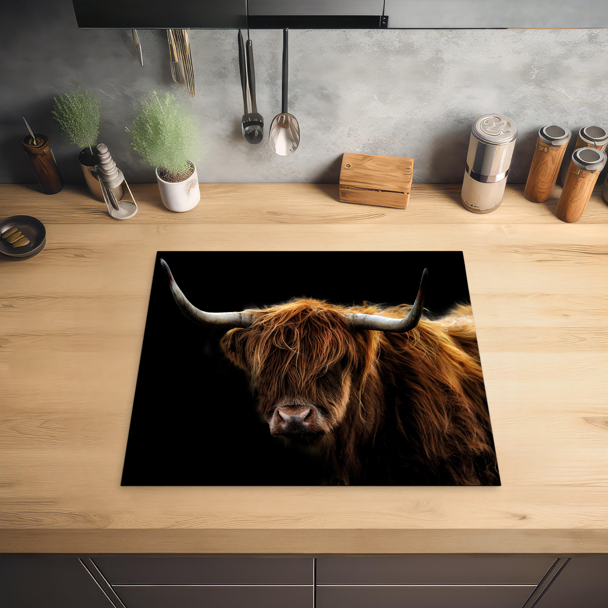 HERDABDECKPLATTE Schottischer Highlander - Hörner - Schwarz - Tiere - Natur - Wild - Kuh 60x52 cm - Cognac, Kunststoff (60/0.2/52cm) - MuchoWow