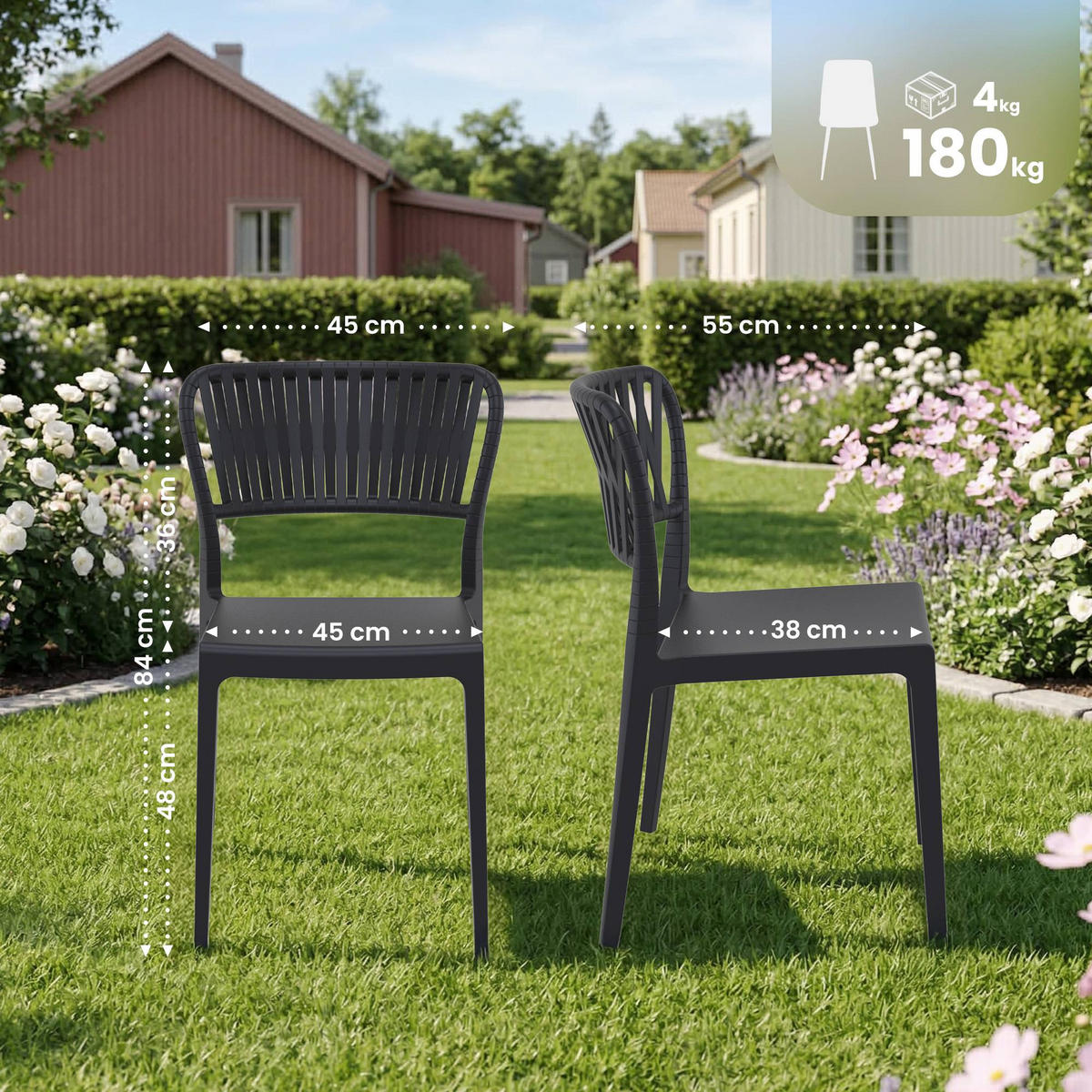 GARTENSTUHL 4er Set Kunststoff Schwarz - Schwarz, Kunststoff (45/84/55cm) - CLP