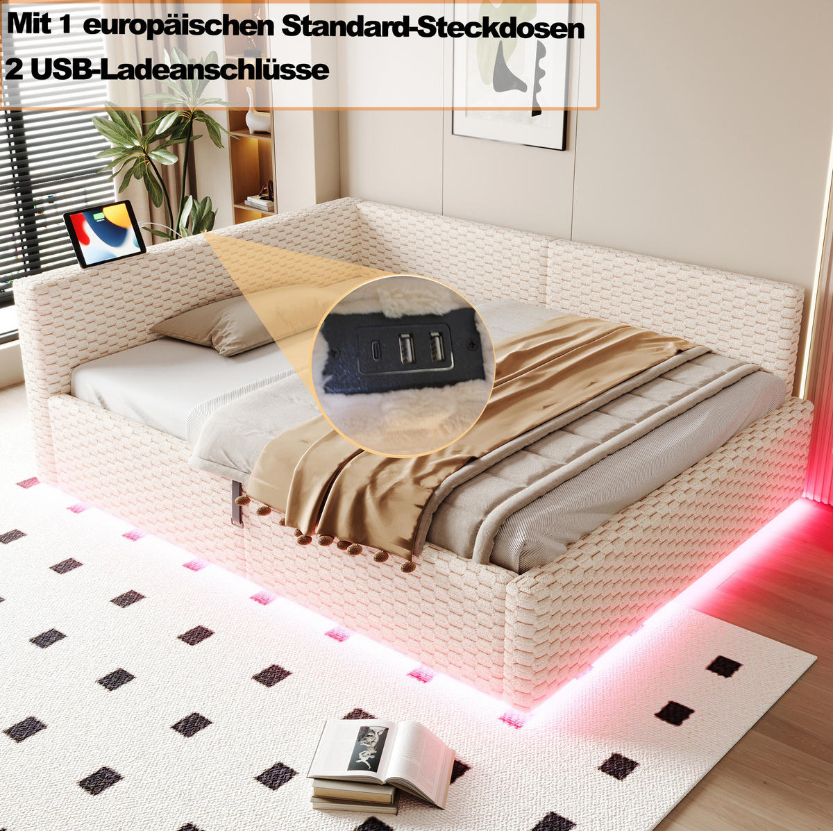 POLOHOVACÍ postel 140/200 cm béžová ze sametu s LED osvětlením a USB-C portem - béžová, kompozitní dřevo (140/200cm) - OKWISH