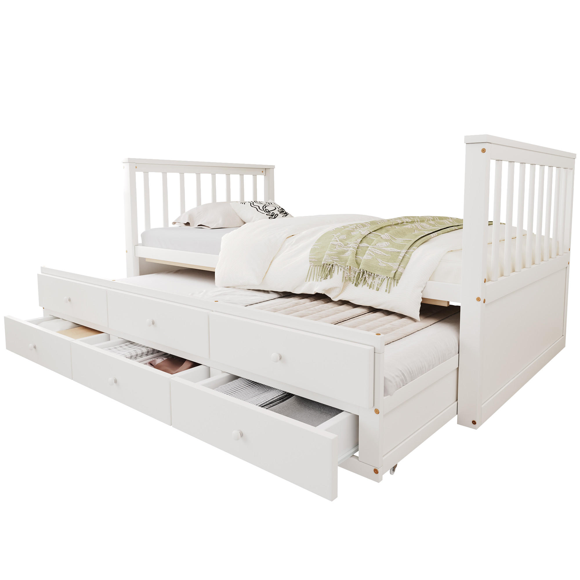 KINDERBETTEN 90x200 cm (90x190 cm), Ausziehbett mit Schubladen, Massivholz, schlichtes Design, weiß - Weiß, Kunststoff (90/200cm)