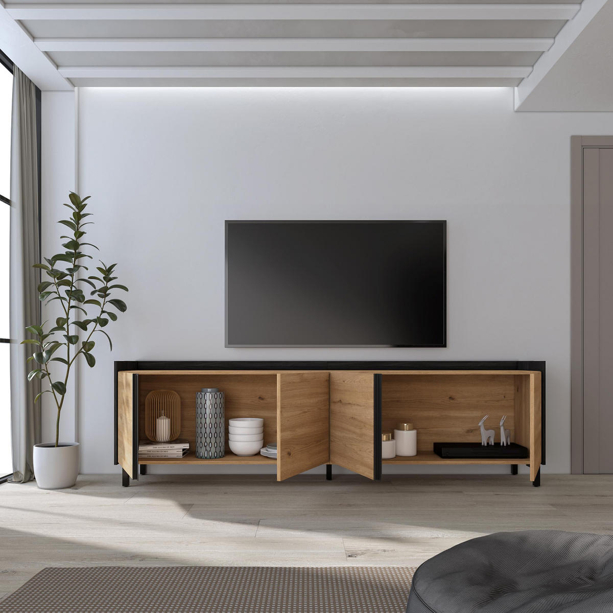 LOWBOARD, Eiche und Schwarz, 207/35/61cm, mit Beinen - Eichefarben, Holzwerkstoff (207/61/35cm) - Skraut Home