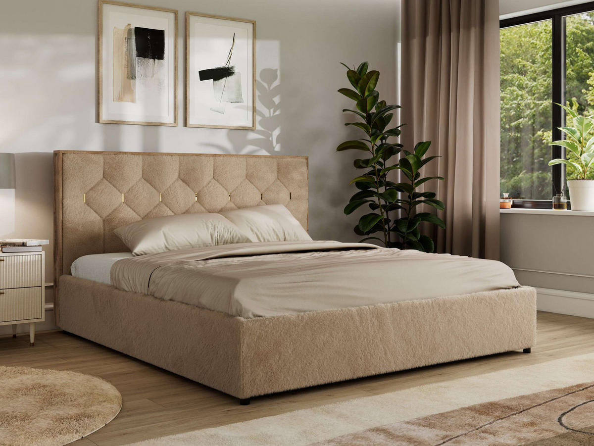 POLSTERBETT LARINO CLASSIC 160/200 - Beige Plüsch - ohne Matratze - Beige, Textil (160/200cm) - MKS