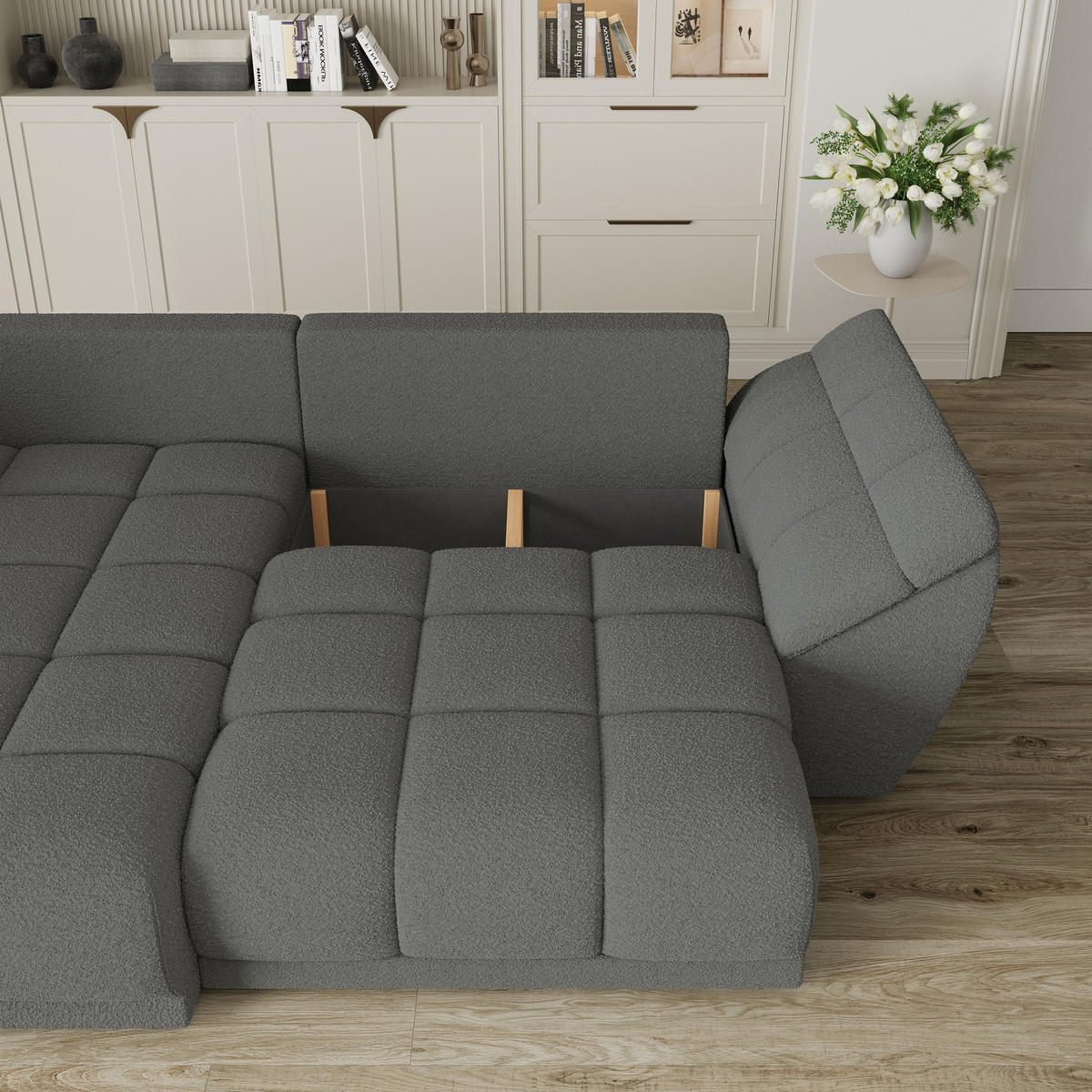 ECKSOFA ORENTI L-S Grau Boucle-Stoff mit Schlaffunktion - Grau, Holz (287/182cm) - MASSENO