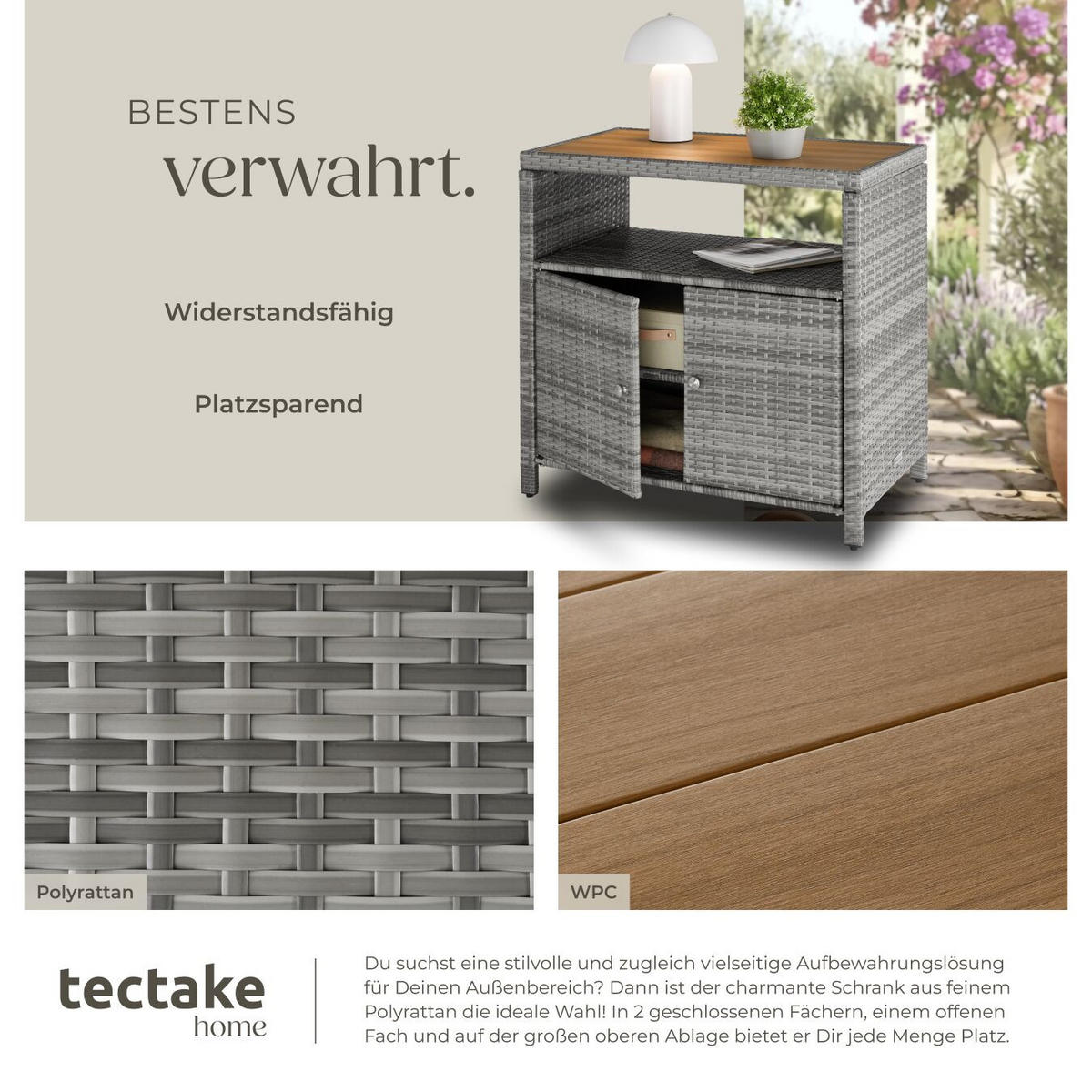 GARTENSCHRANK Monscia, höhenverstellbare Füße, 90 x 55,5 x 87 cm, grau - Grau, Kunststoff (90/97/55.5cm) - tectake