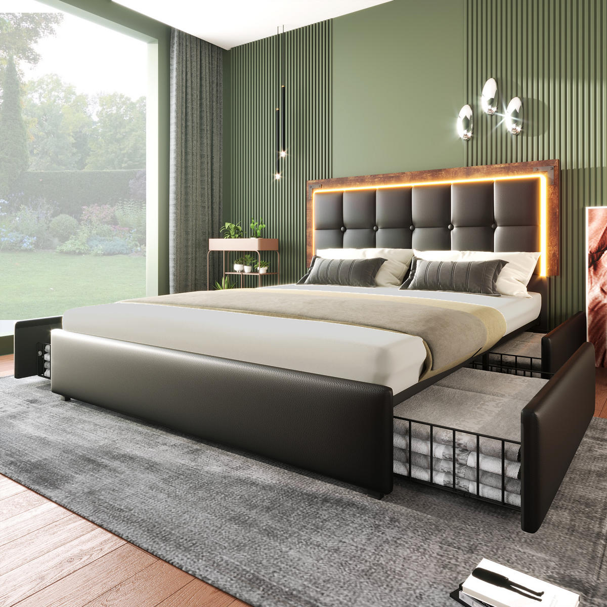 POLSTERBETT 140/200 cm Schwarz mit LED-Beleuchtung und verstellbarem Kopfteil - Schwarz, Kunststoff (140/200cm) - OKWISH
