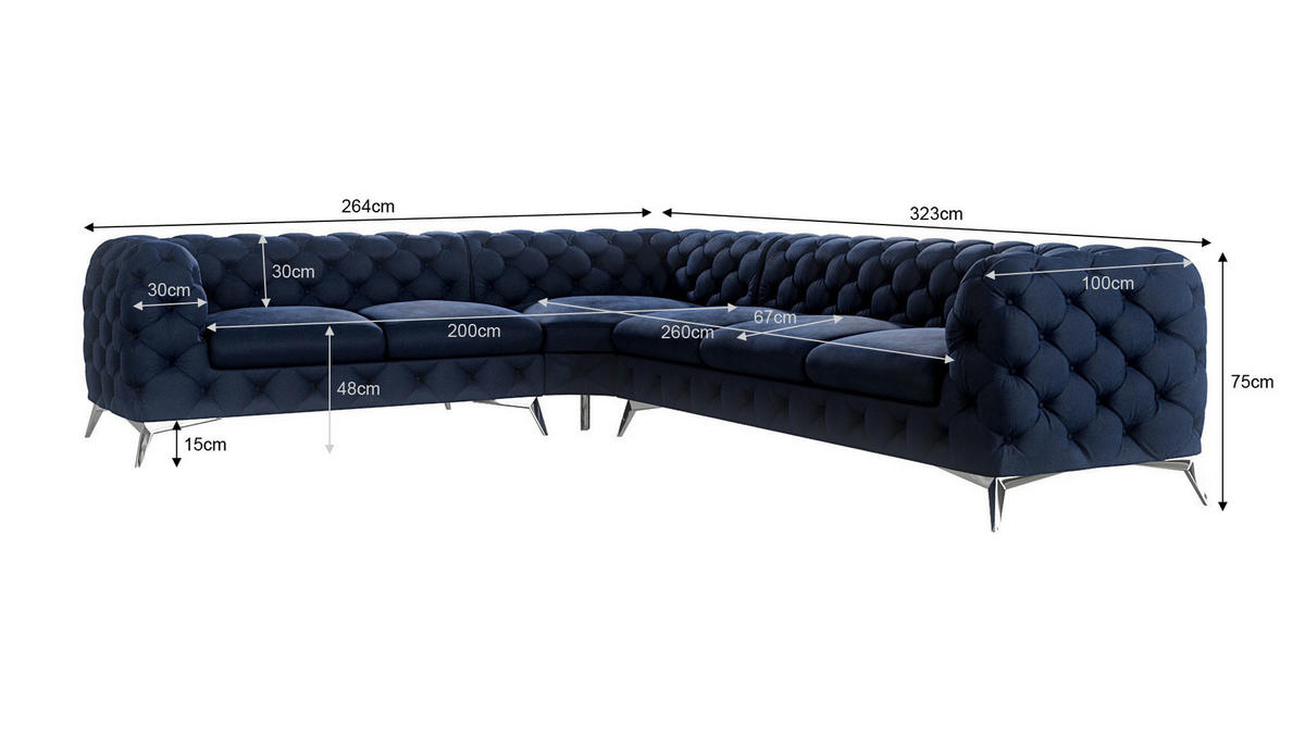 ECKSOFA Chesterfield Laura Marineblau Samt - Silberfarben/Dunkelblau, Holz/Textil (323/264cm) - S-Style Möbel