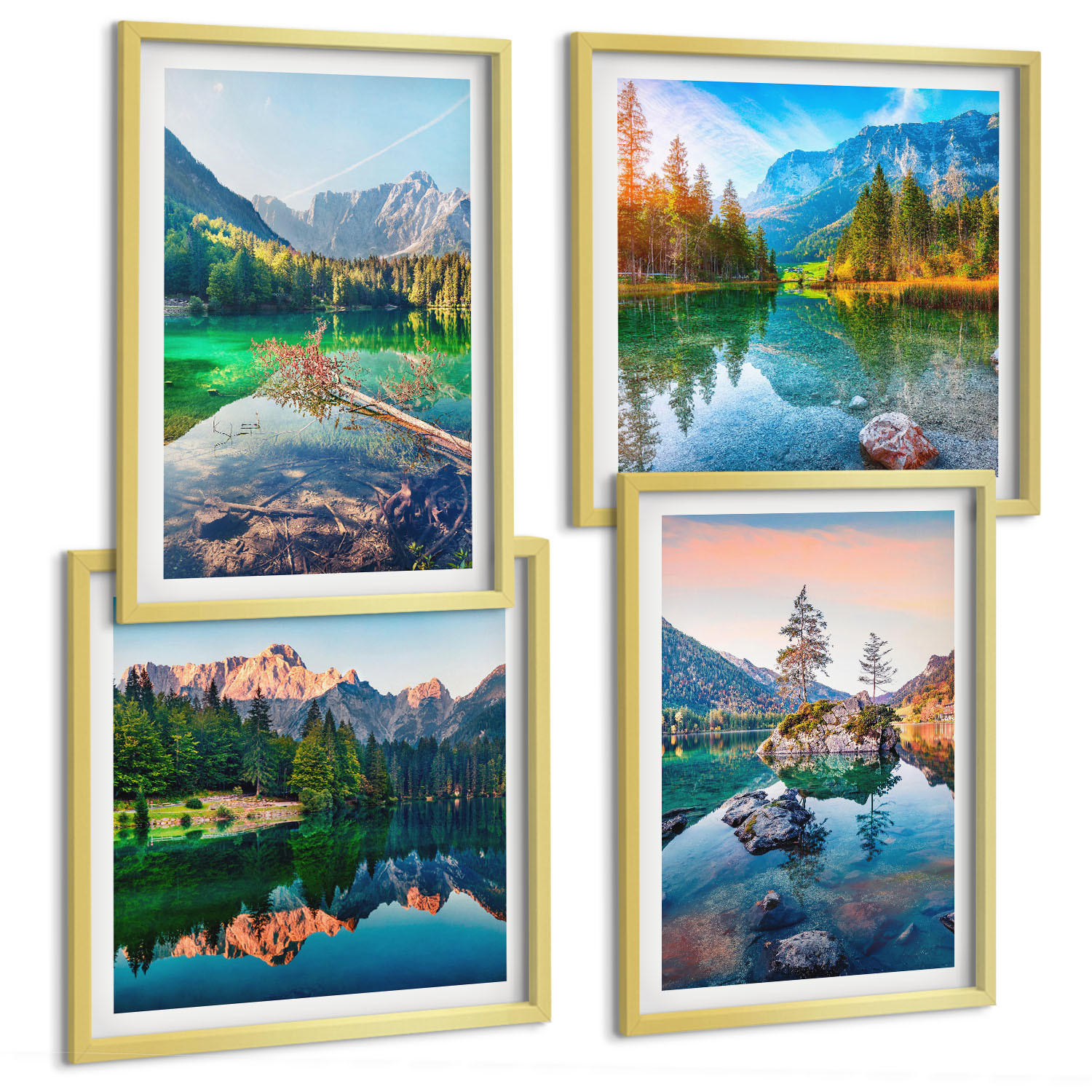 BILDER SET 4er Set - 50x50 cm & 40x60 cm Goldrahmen - Naturlandschaft der Bergseen - Goldfarben, Kunststoff (50/50cm) - TULUP