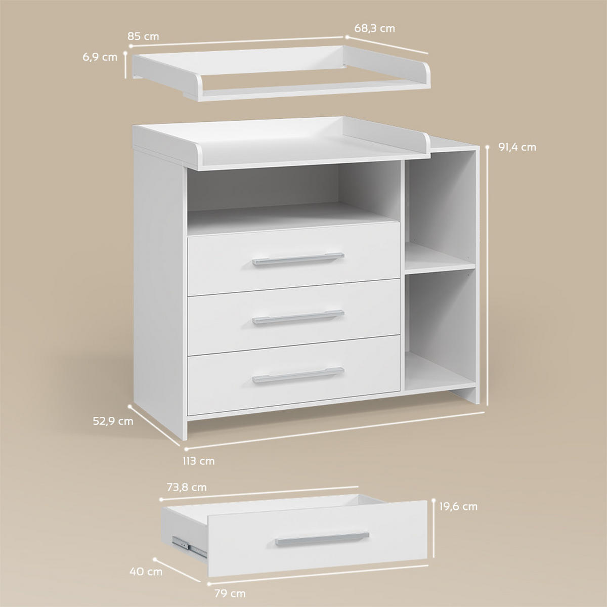 WICKELKOMMODE Torino Weiß mit Schubladen - Weiß, Holzwerkstoff (113/100/53cm) - Livinity®