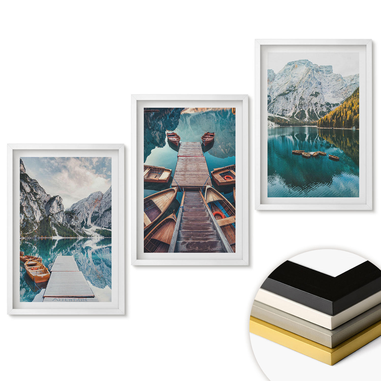 WANDBILDER 3er-Set - 40x60 cm Weißer Rahmen - See, Brücken, Berge - Weiß, Kunststoff (40/60cm) - ArtPrintCave
