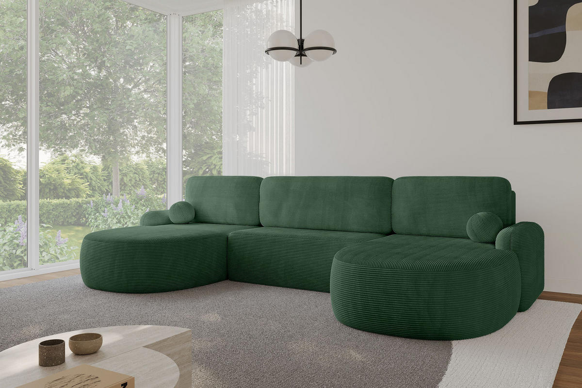 WOHNLANDSCHAFT mit Schlaffunktion und Bettkasten LIRA-U - 335x172x89 Grün - Hellgrün, Holzwerkstoff/Textil (335/89/172cm) - ALTDECOR