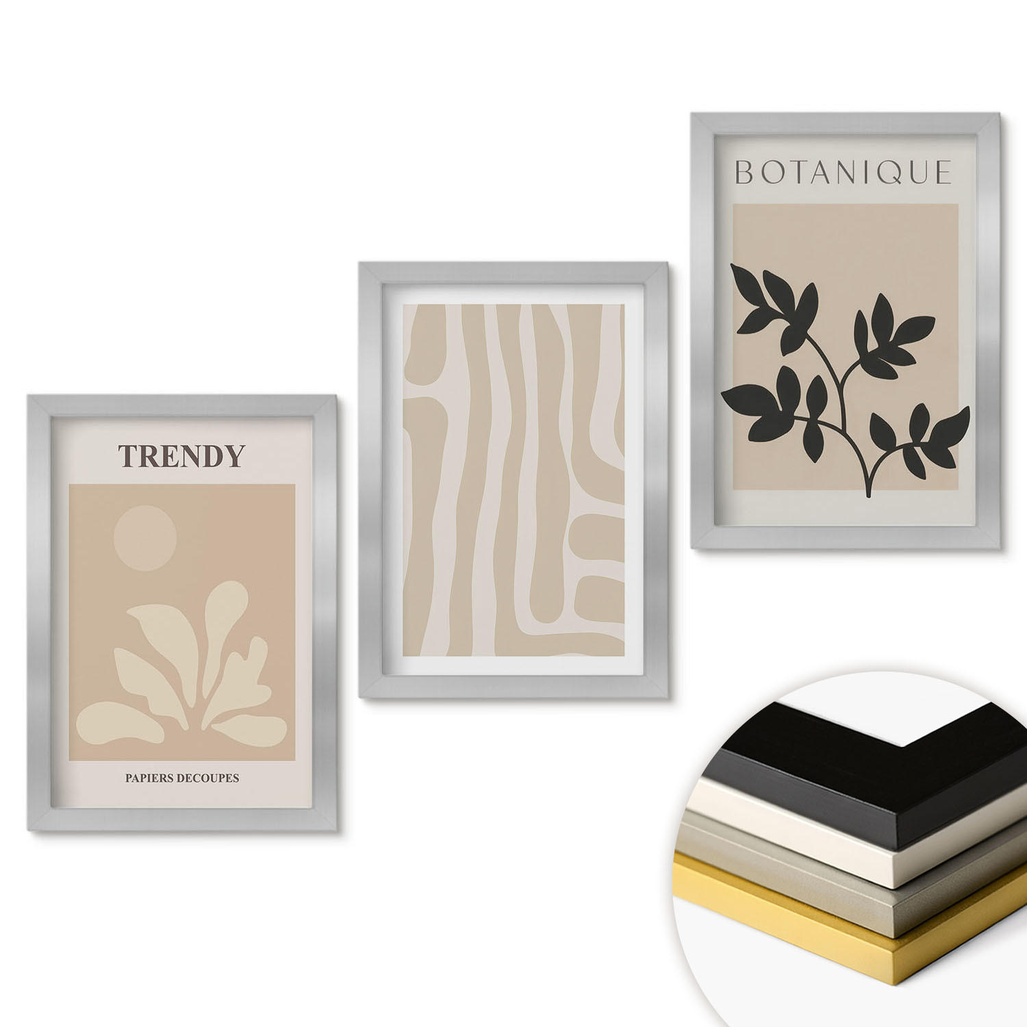 WANDBILDER 3er Set - 20x30 cm Silberner Rahmen - Stilvolle Pflanzenmuster in Beige und Schwarz - Silberfarben, Kunststoff (20/30cm) - ArtPrintCave
