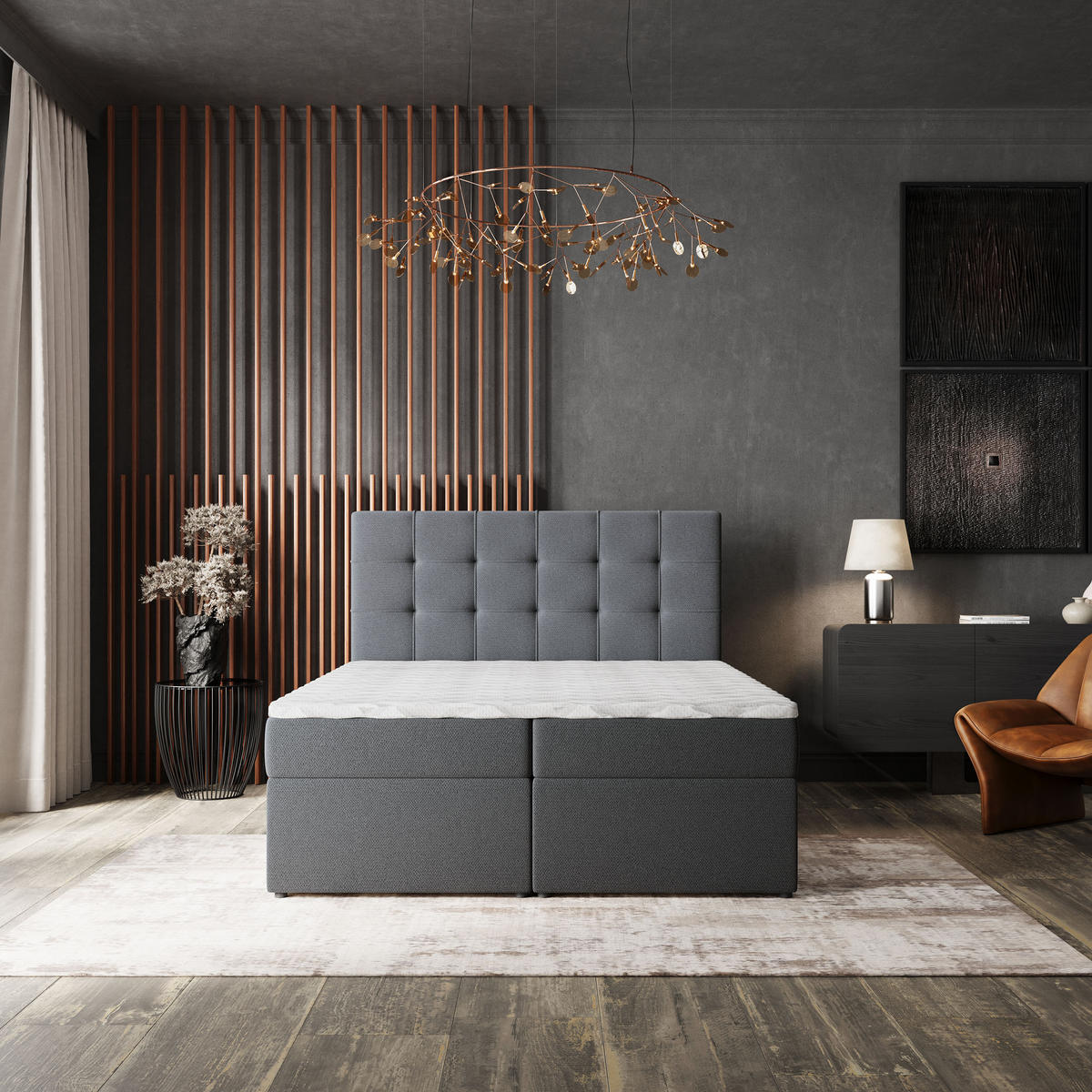 BOXBETT PALMA 180x200 cm mit Matratze und Topper, H2+H3 - Graphitfarben - Graphitfarben, Holz (180/200cm) - MASSENO