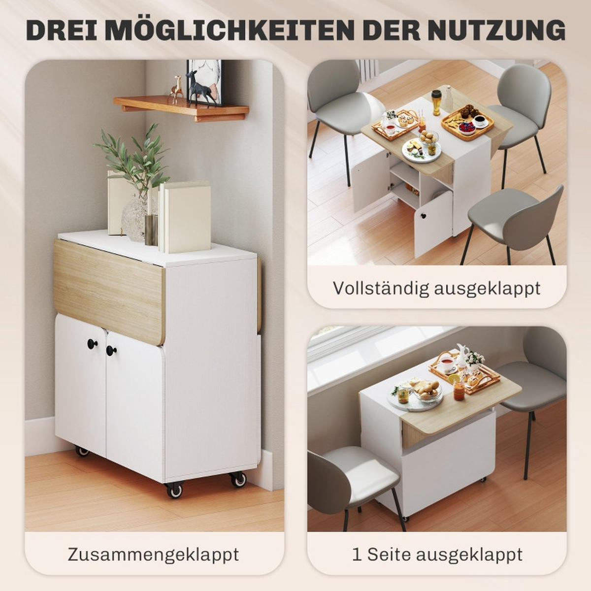 KLAPPTISCH 83/70/75 cm, seitlich ausklappbar, mit Rollen und Stauraum - Weiß, Holz (70/83/75cm) - BEAOK