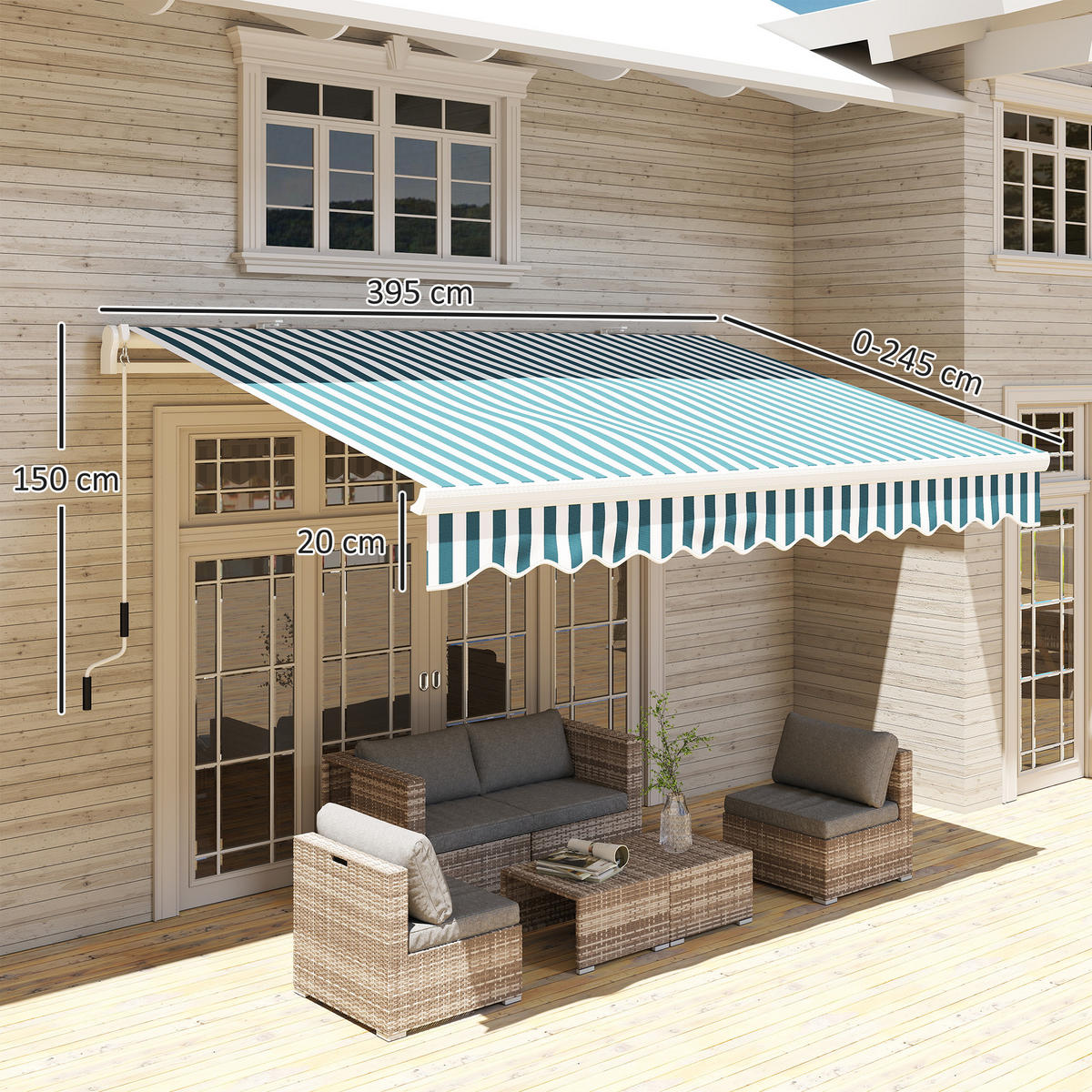 MANUELLE Gelenkarmmarkise Markise 3,95m mit Kurbel Sonnenschutz Alu Weiß+Grün - Grün, Metall (245/1/395cm) - Outsunny