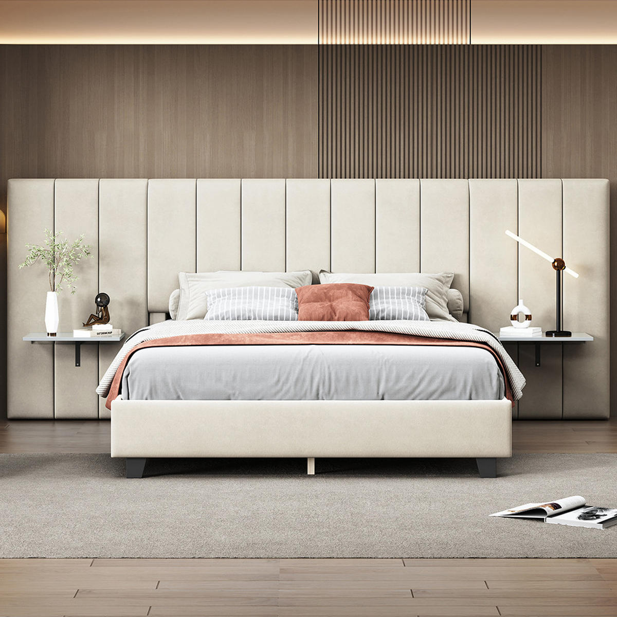 POLSTERBETT 160/200 cm in Beige mit Verlängertem Kopfteil - Beige, Holz/Textil (160/200cm) - KOMHTOM