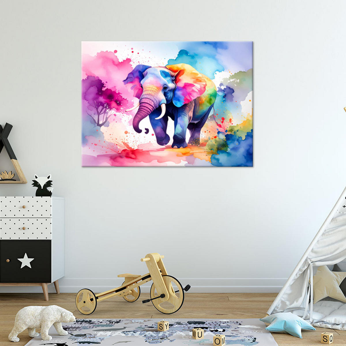 LEINWANDBILD Bunter Elefant Safari Aquarell 90x60cm - Multicolor, Textil (90/60cm) - Feeby