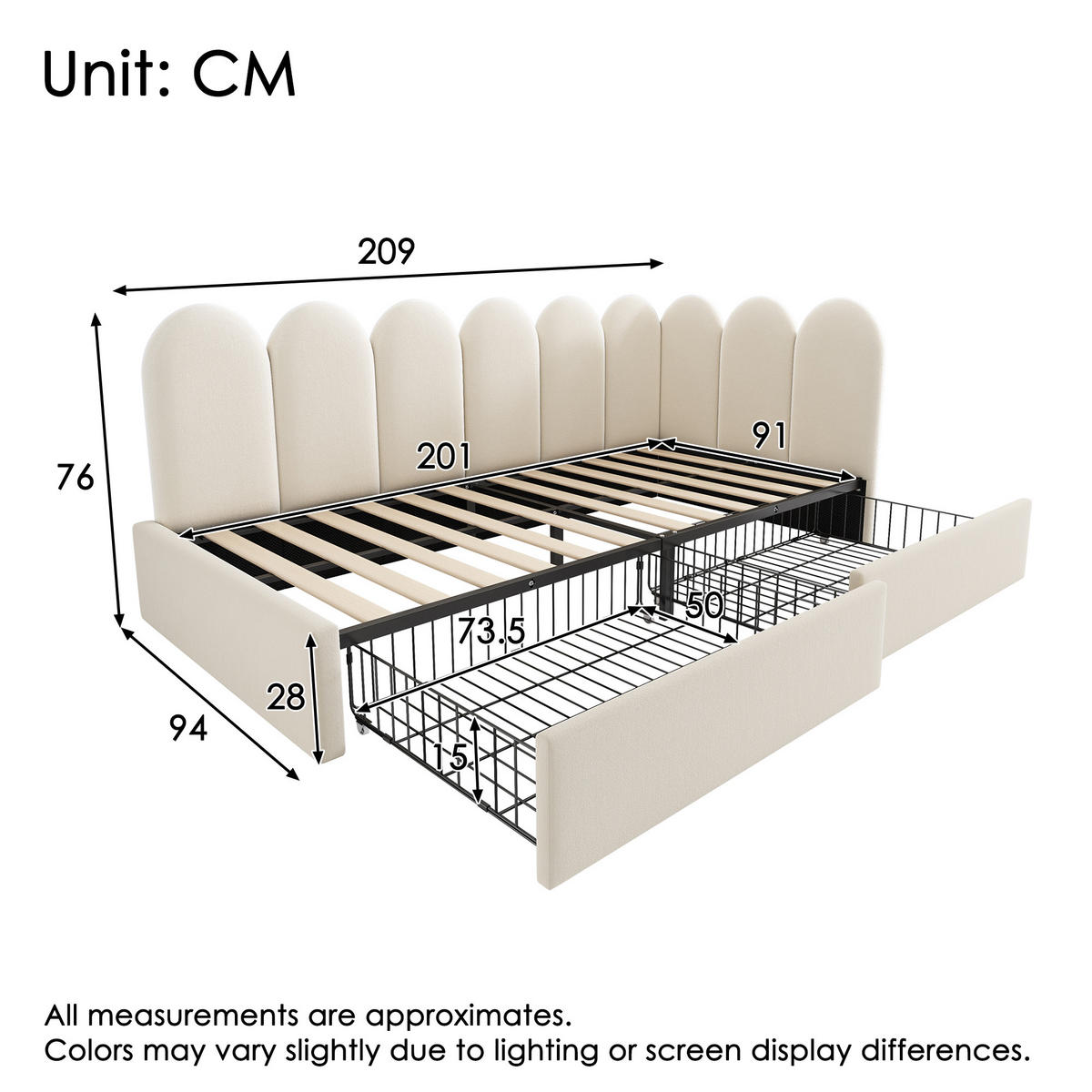 POLSTERBETT aus Samt 90x200 cm in Beige mit 2 Schubladen - Beige, Textil (90/200cm) - Modfu