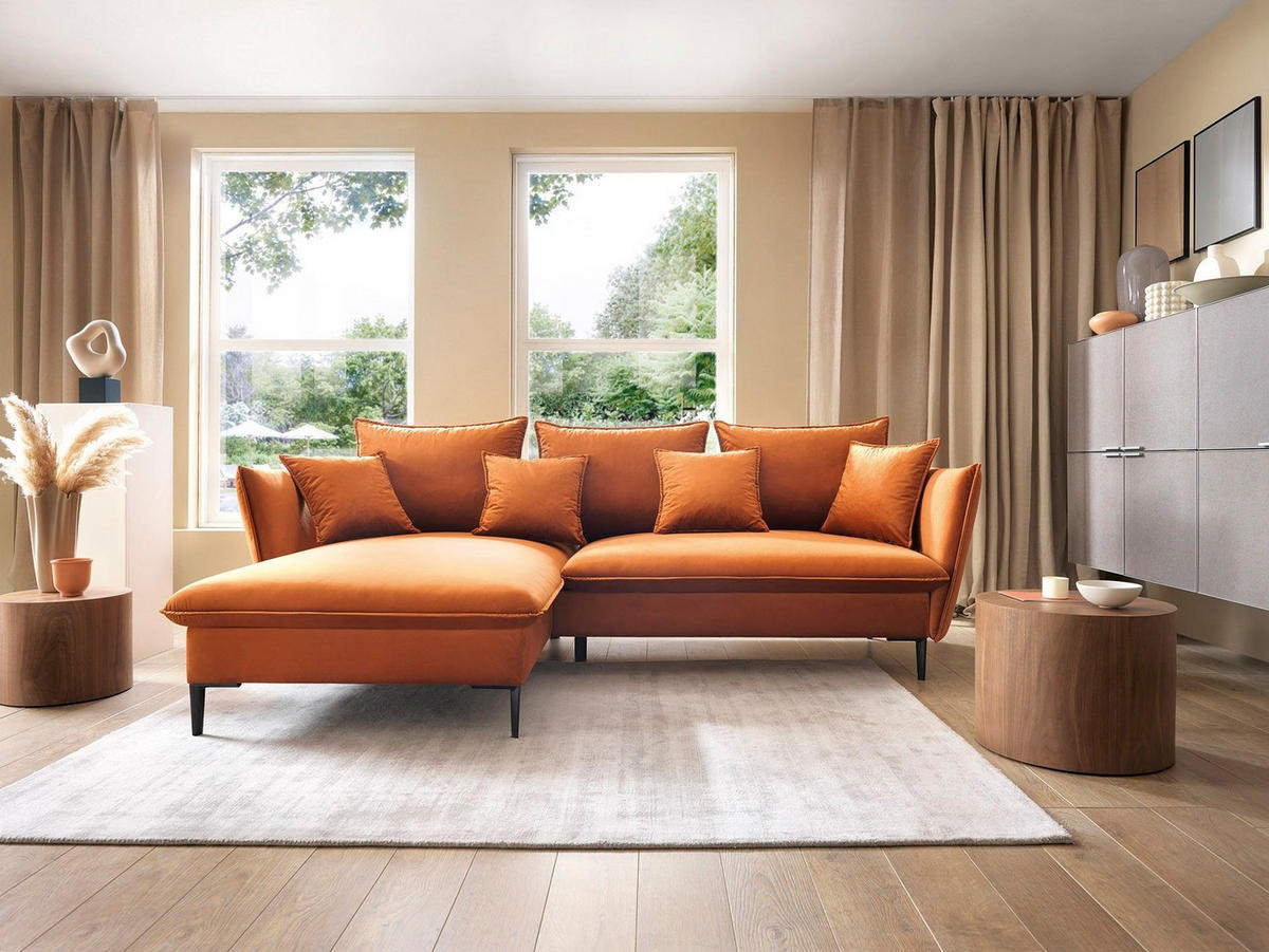 ECKSOFA SOLE Orange Plüsch-Stoff mit Schlaffunktion - Orange, Holz (258/167cm) - MASSENO