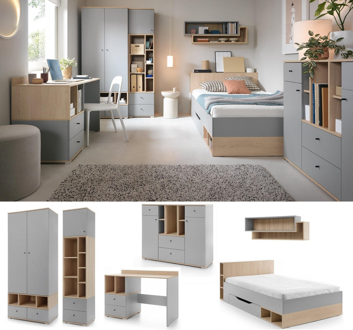 JUGENDZIMMER Oriel Set B mit Bett 120 x 200 - 6-teilig - Platingrau / Biskuit-Eiche - Eichefarben/Schwarz, Holzwerkstoff/Metall (124/80/224cm) - QMM TraumMöbel