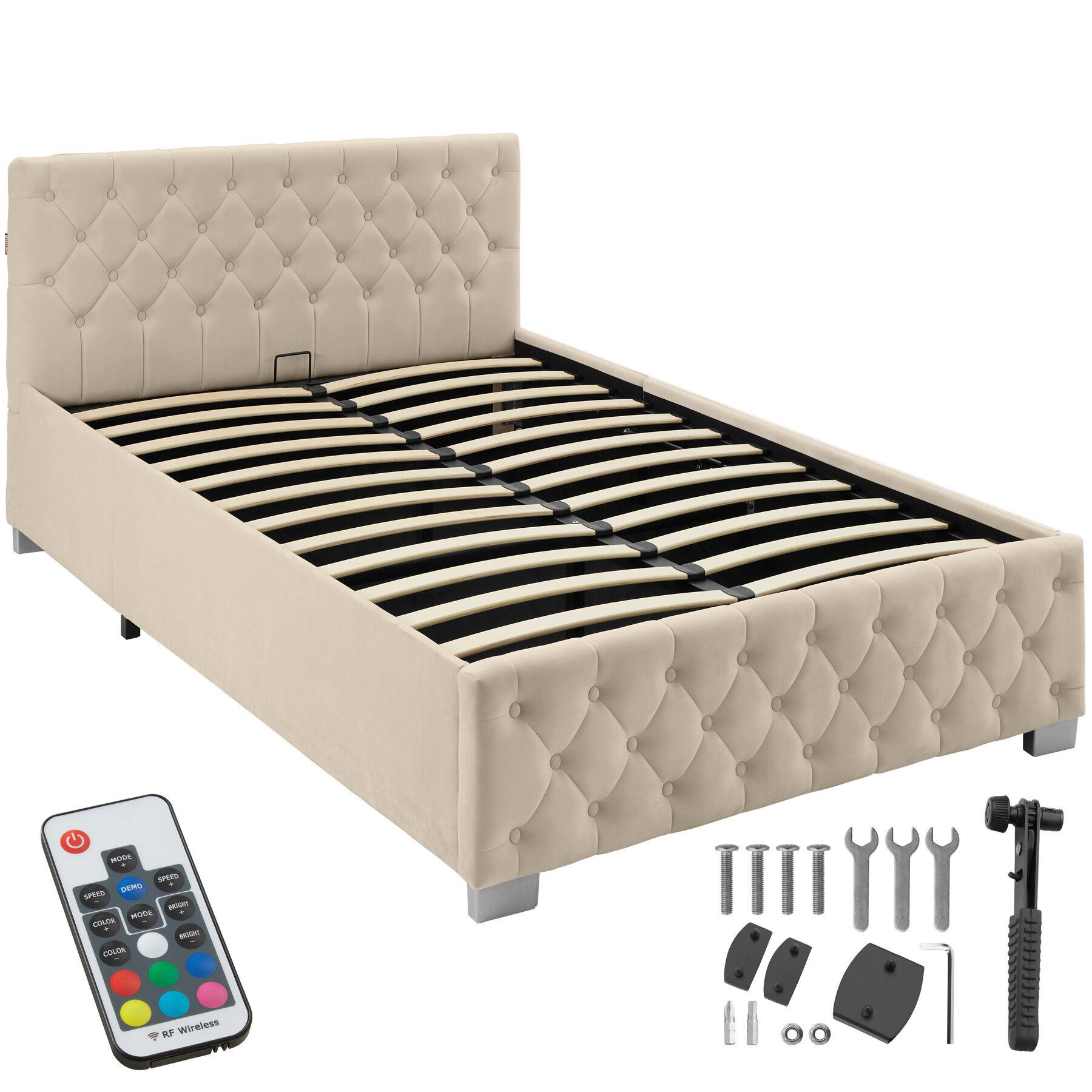 POLSTERBETT Sedona, großer Stauraum, Samtoptik sand - Gelb/Samtahornfarben, Holz (120/200cm) - tectake